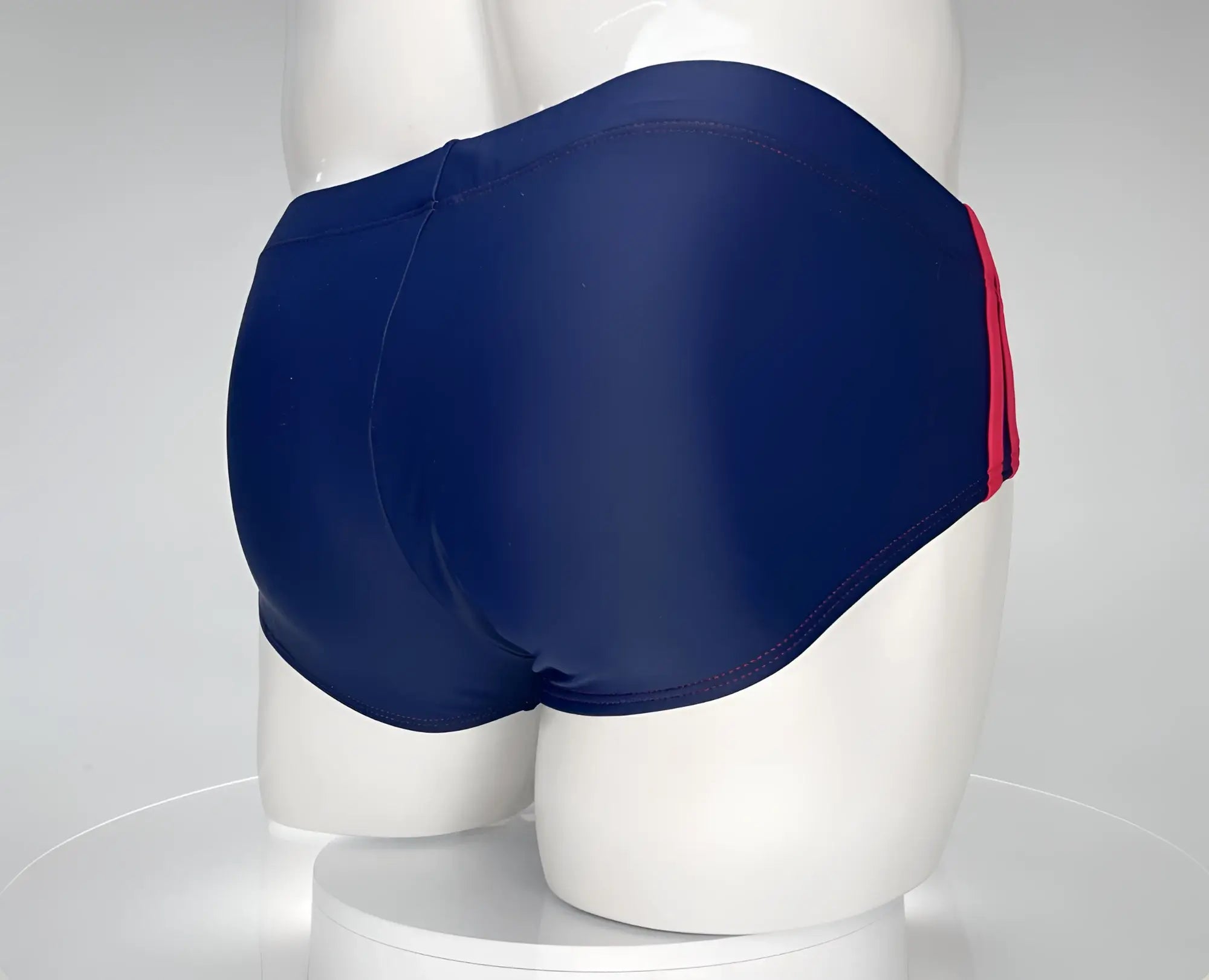 Wildmant monster cock swim brief in navy blue swim trunks with red side stripe for men
