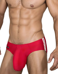 Wildmant monster cock swim brief in red with white side stripes designed for athletic use