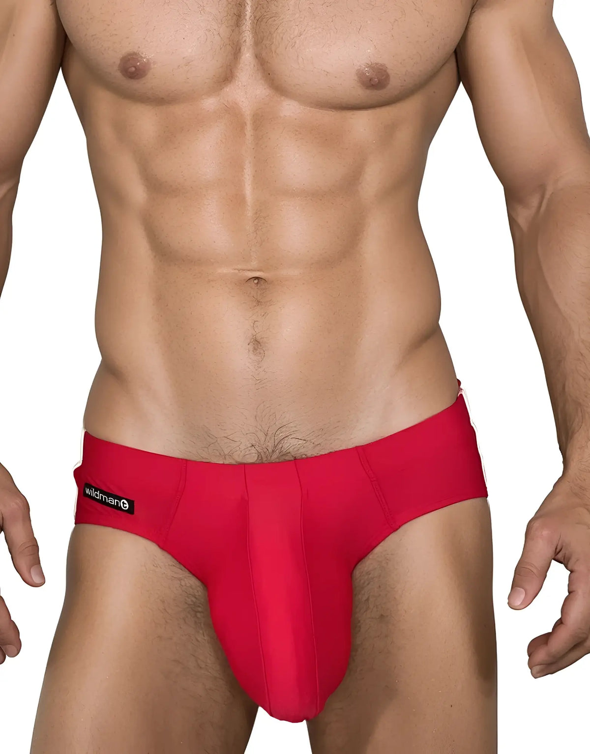 Red men’s swim briefs with a black wildman brand label on the left side from WildmanT Monster Cock collection