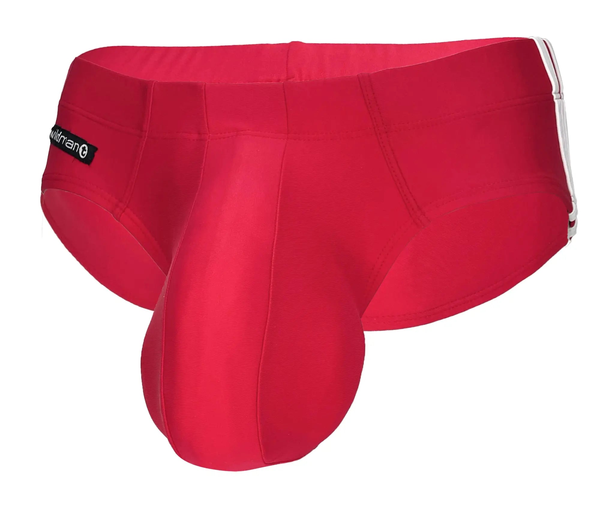 Red WildmanT Monster Cock swim brief with white side stripes and black brand tag designed for men’s swimming