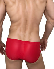Wildmant monster cock swim brief in red with glossy finish and white side stripes designed for swimming