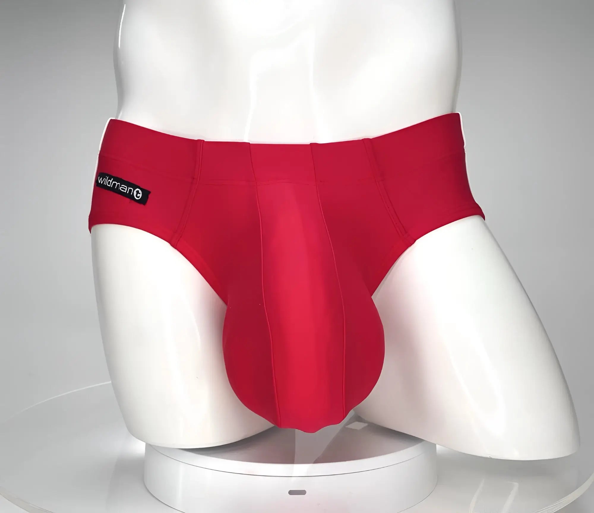 Red wildman brand men’s swim briefs with supportive contoured design in vibrant red for comfortable wear