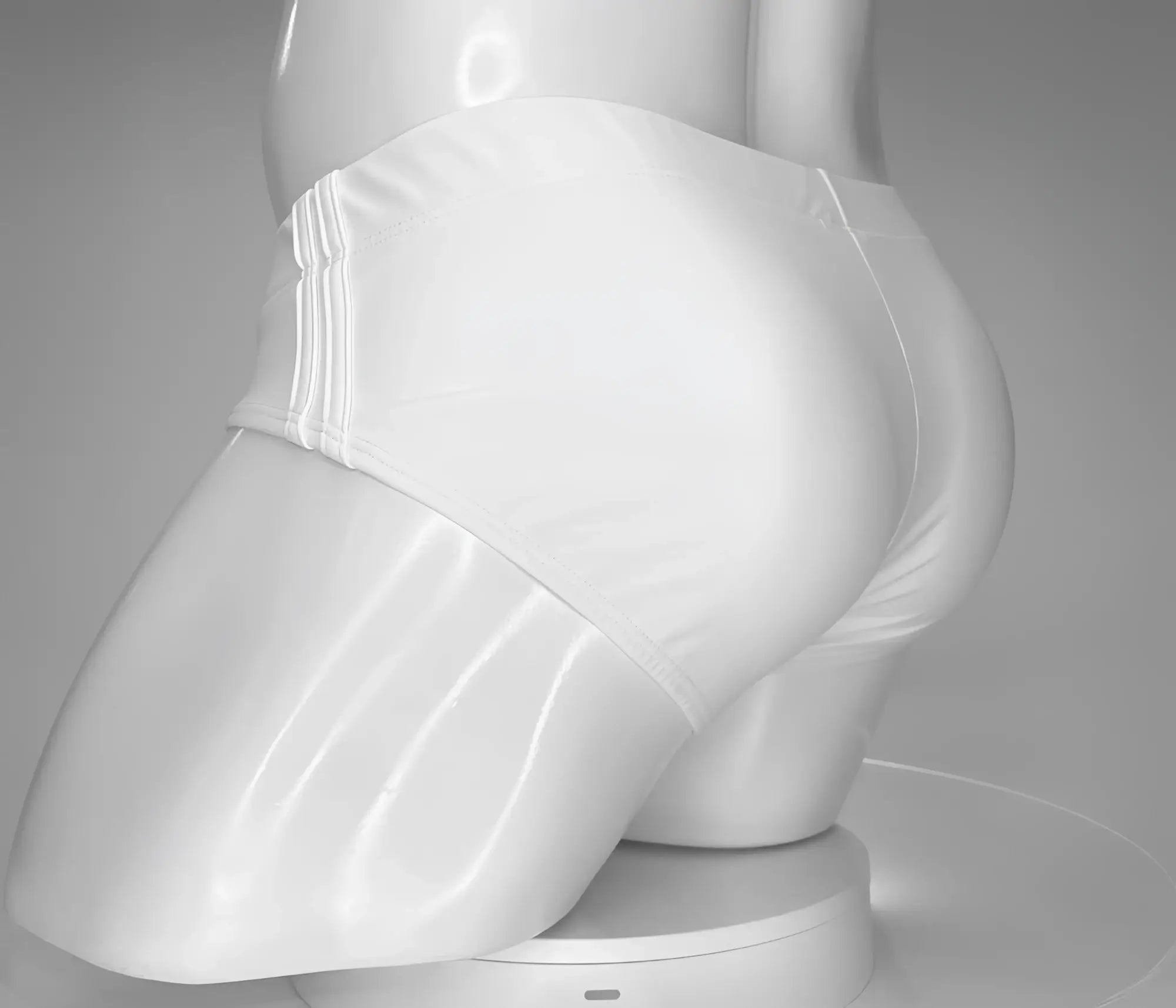 Wildmant monster cock swim brief white glossy athletic shorts with three vertical side stripes and a sleek finish