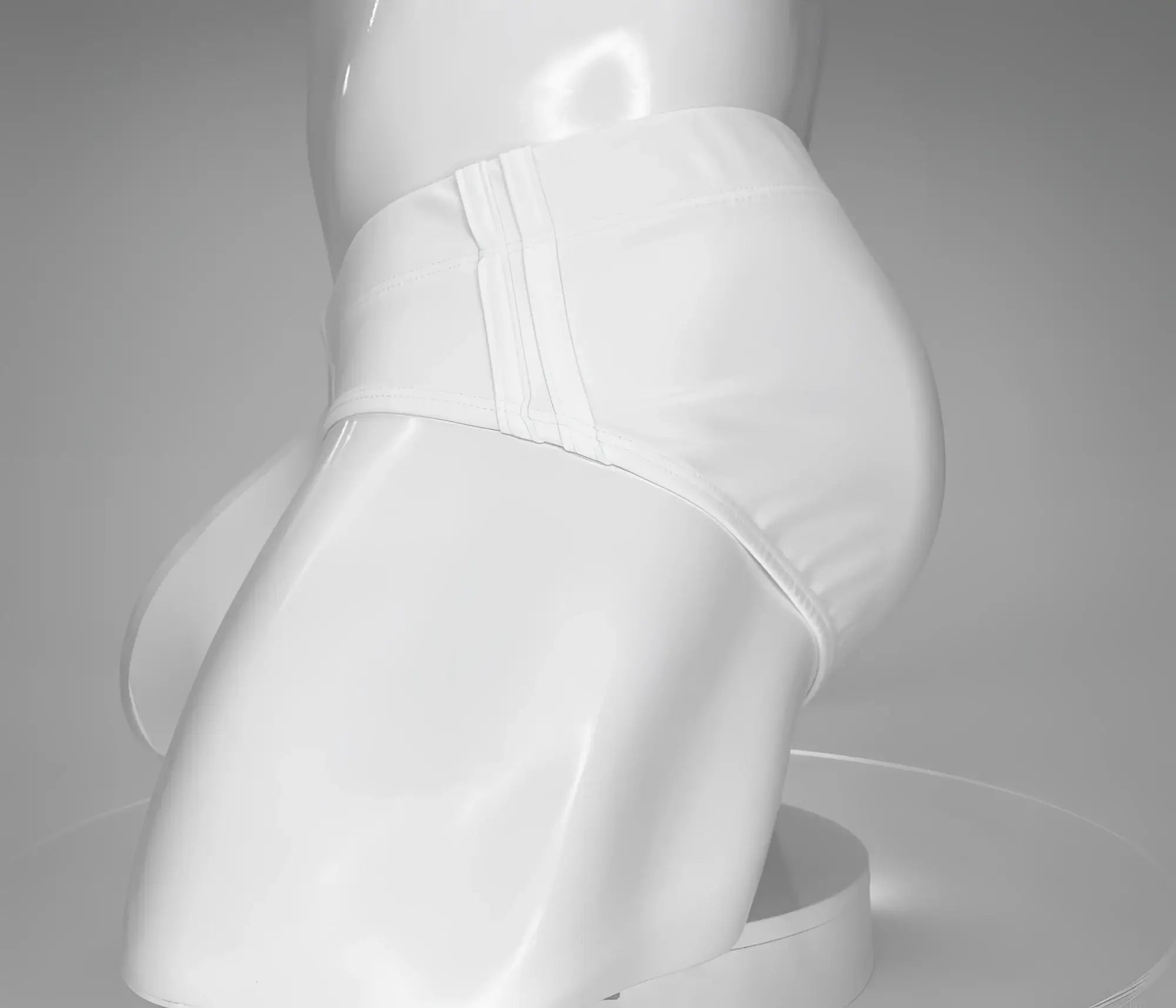 Back view of wildmant monster cock swim brief white high-waisted briefs with smooth glossy finish and stitched seams