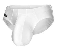 White wildmant monster cock swim brief with smooth form-fitting design and subtle brand tag on waistband