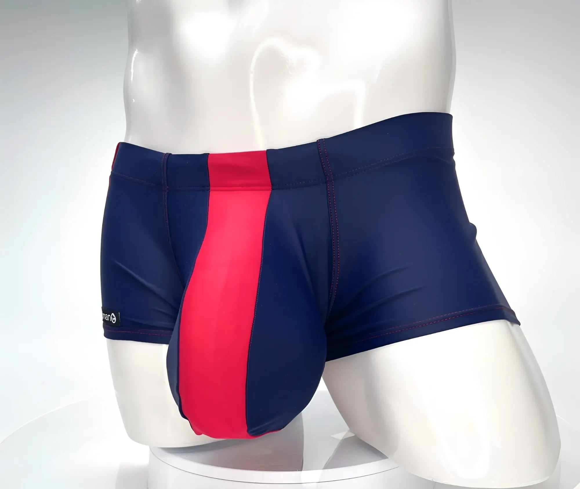 Wildmant monster cock swim square cut navy red swim trunks with navy blue and red stripes and sleek form-fitting design