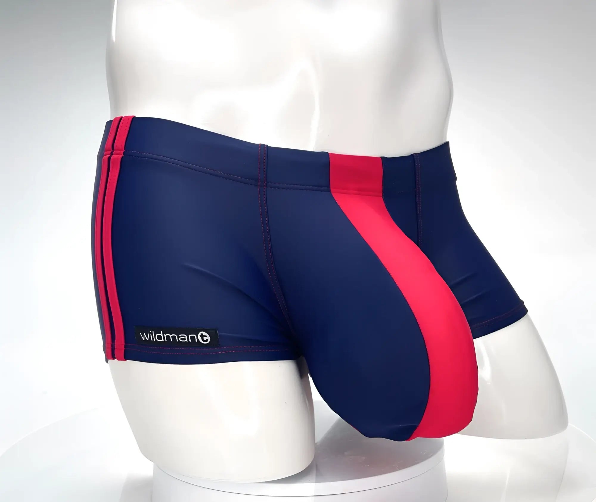 WildmanT monster cock swim square cut swim trunks in navy blue and red stripes with wildman label on the side