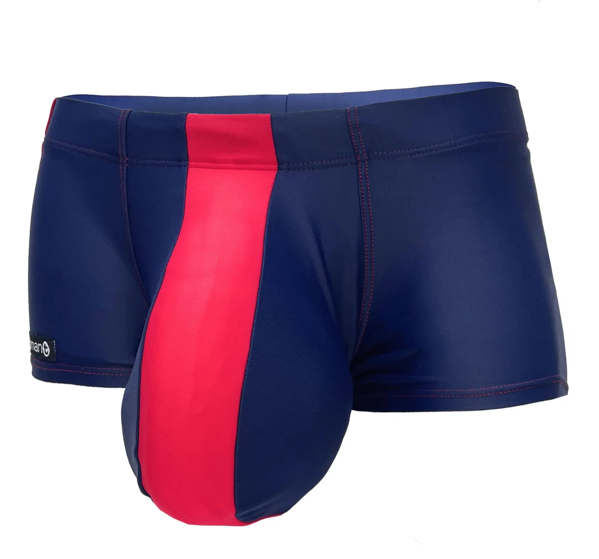 WildmanT Monster Cock swim square cut trunks in navy blue and red stripes with a sleek form-fitting design