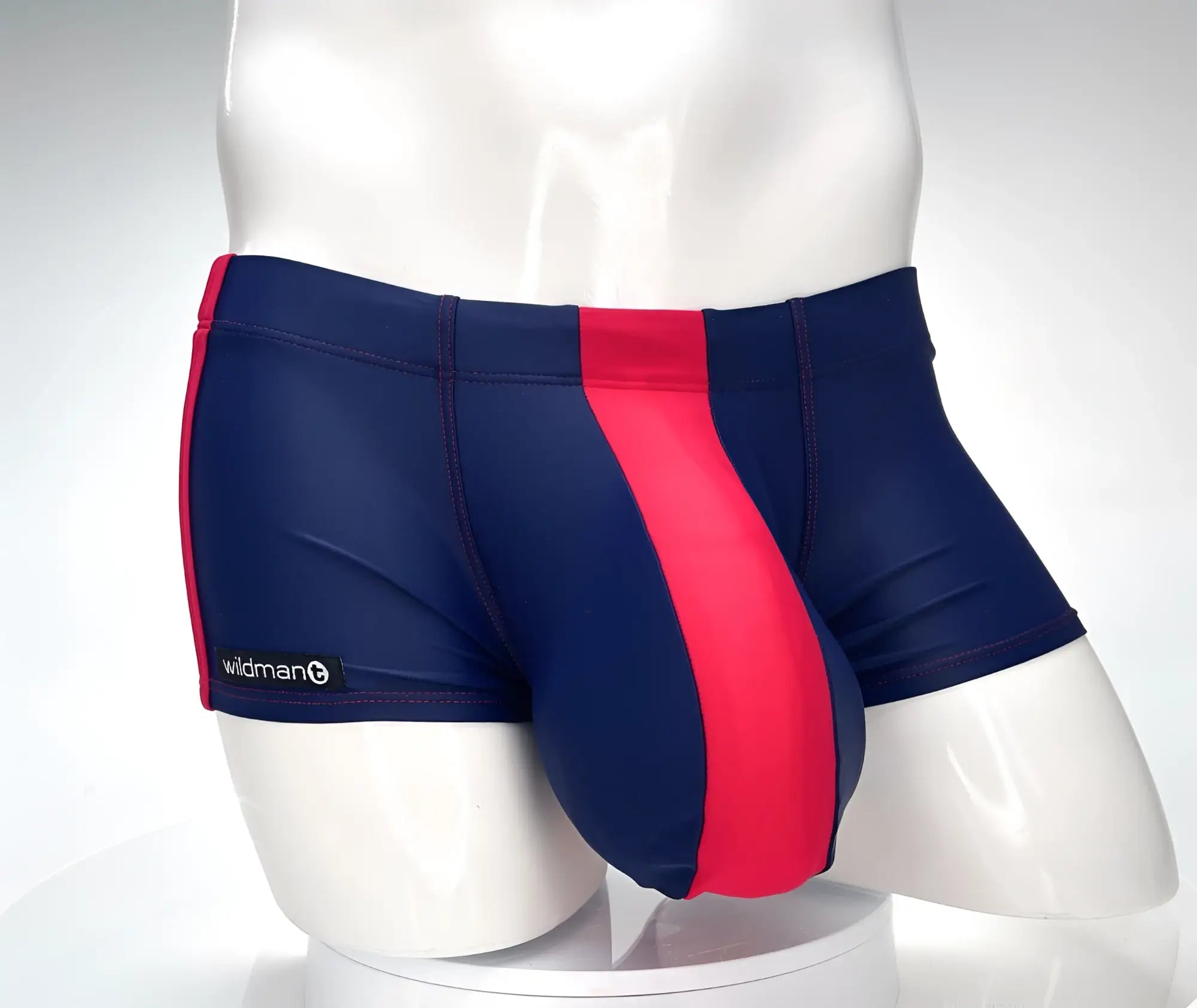 Wildmant monster cock swim square cut swim trunks in navy blue and red stripes with a sleek form-fitting design