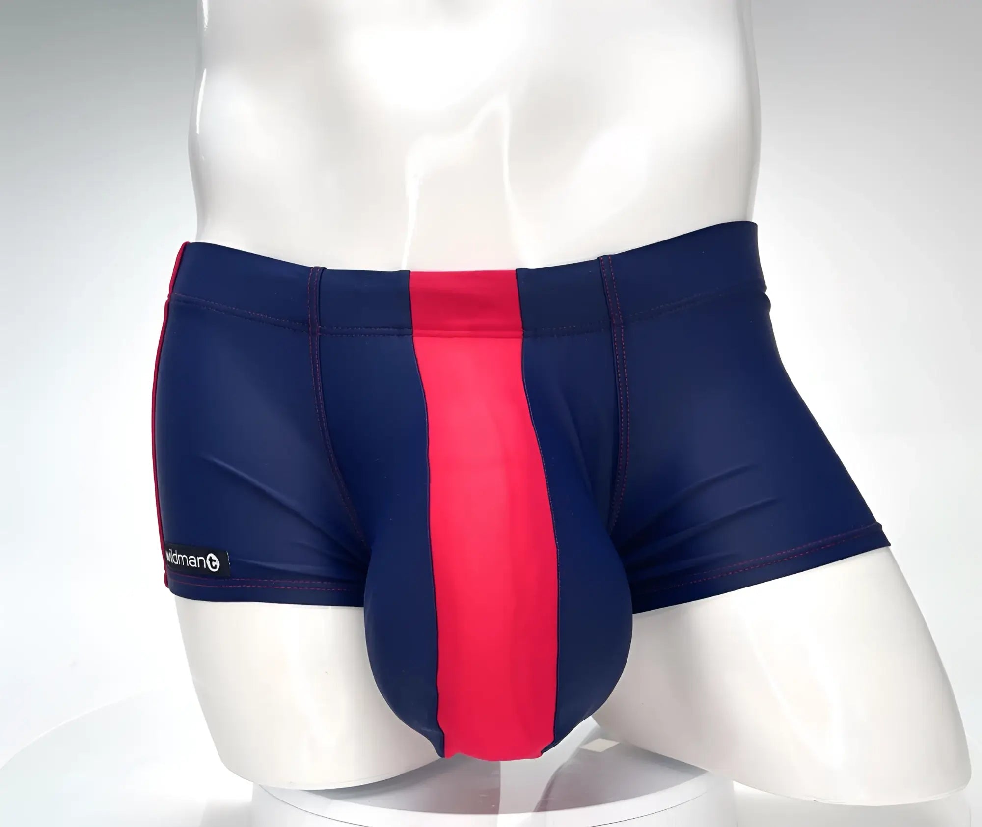 Wildmant monster cock swim square cut navy and red striped men’s swim trunks with sleek form-fitting design