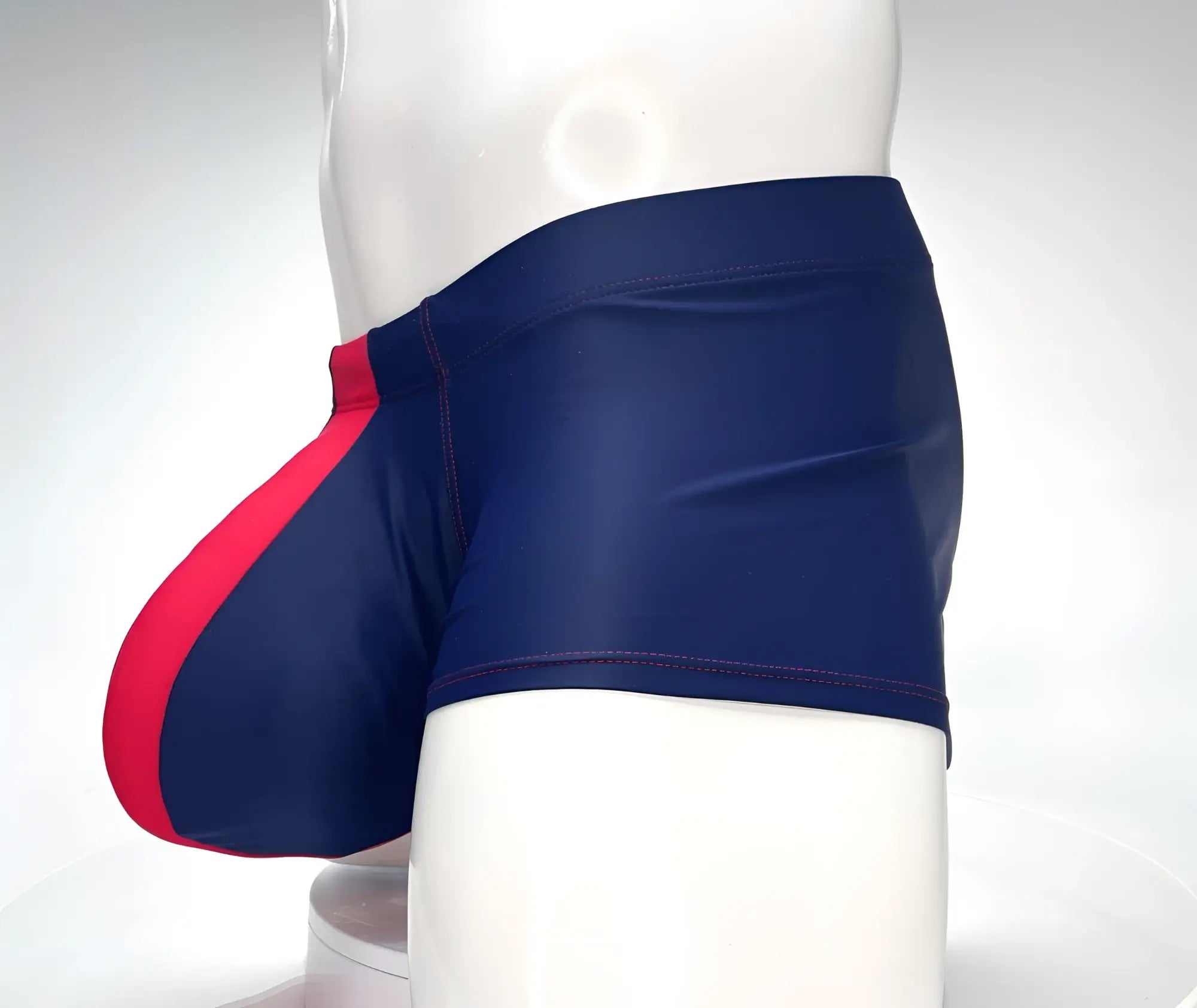 Wildmant monster cock swim square cut navy red swim trunks with glossy finish for beach and pool use