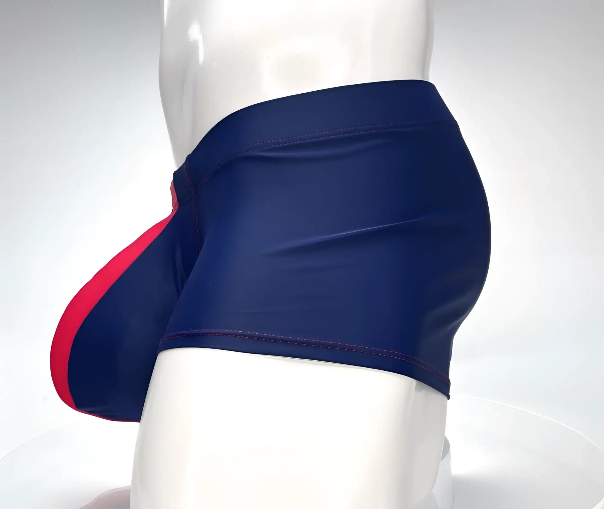 Wildmant monster cock swim square cut navy swim trunks with bold red side seam accent for swimming and beachwear