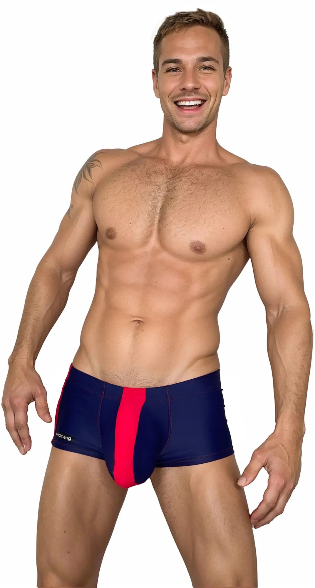 WildmanT monster cock swim square cut navy blue swim trunks with bold red vertical stripe for swimming use