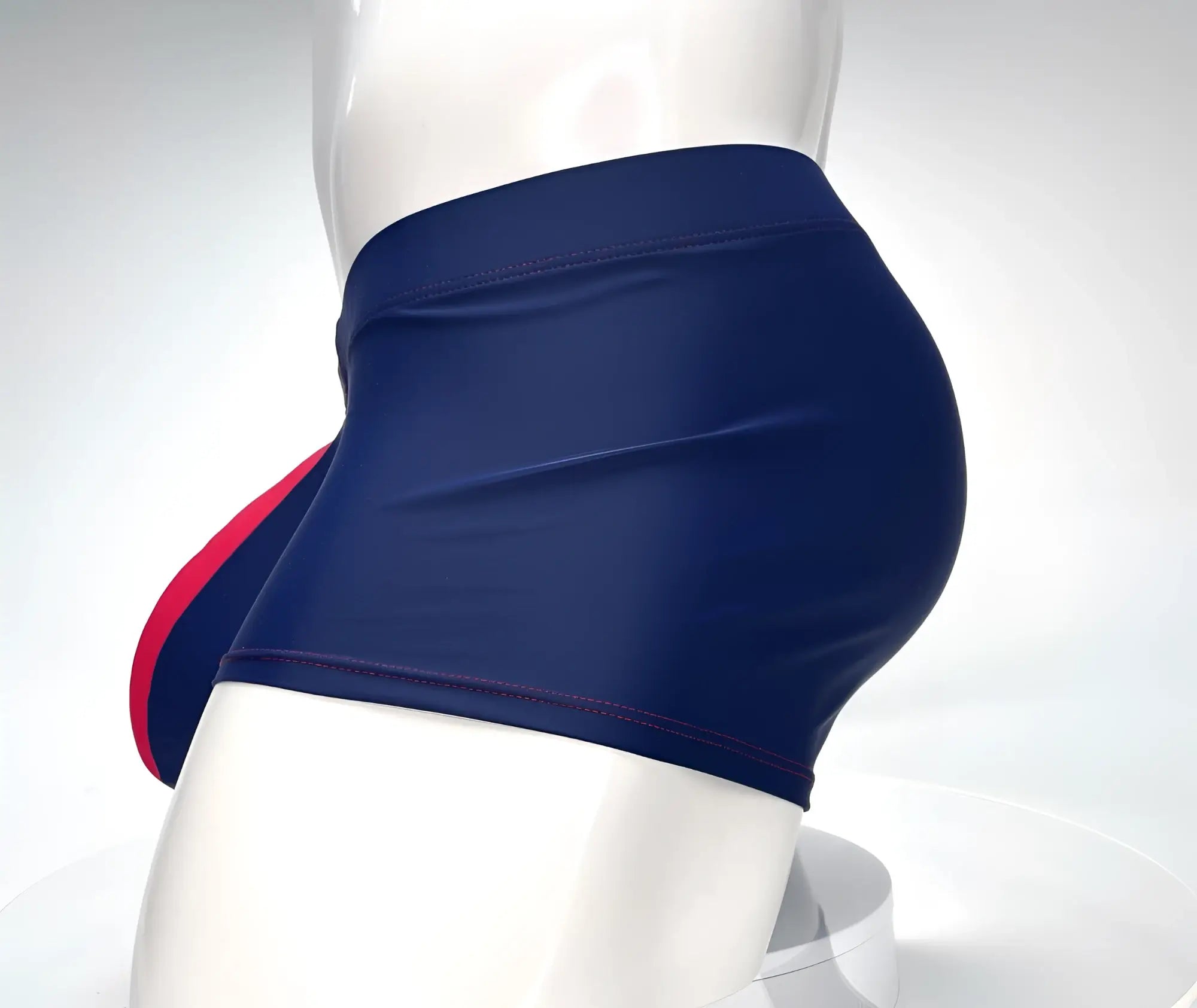 WildmanT Monster Cock swim square cut navy blue swim trunks with red side panel and matching stitching