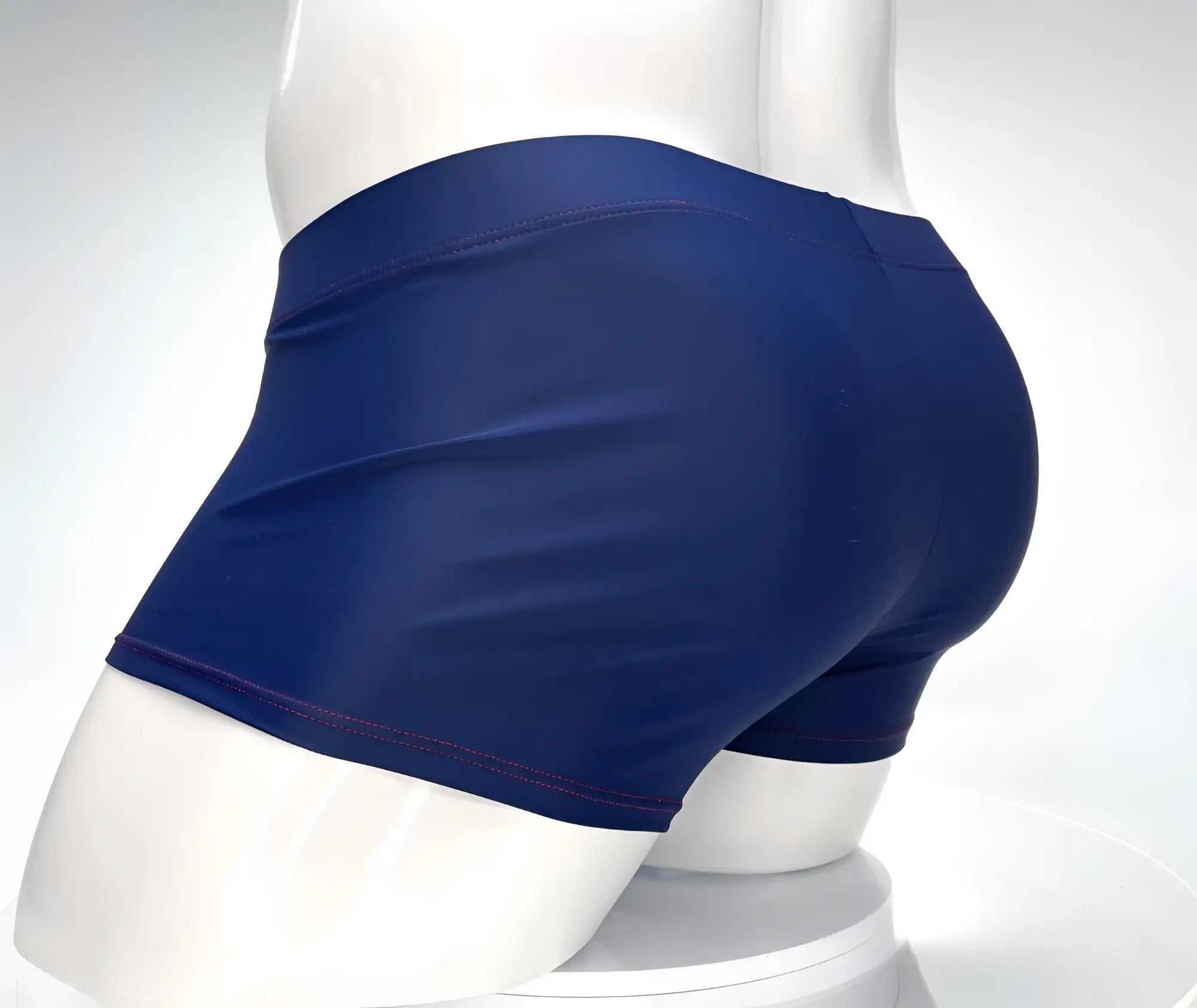Wildmant monster cock swim square cut navy red swim trunks with smooth stretchy fabric and purple hem stitching