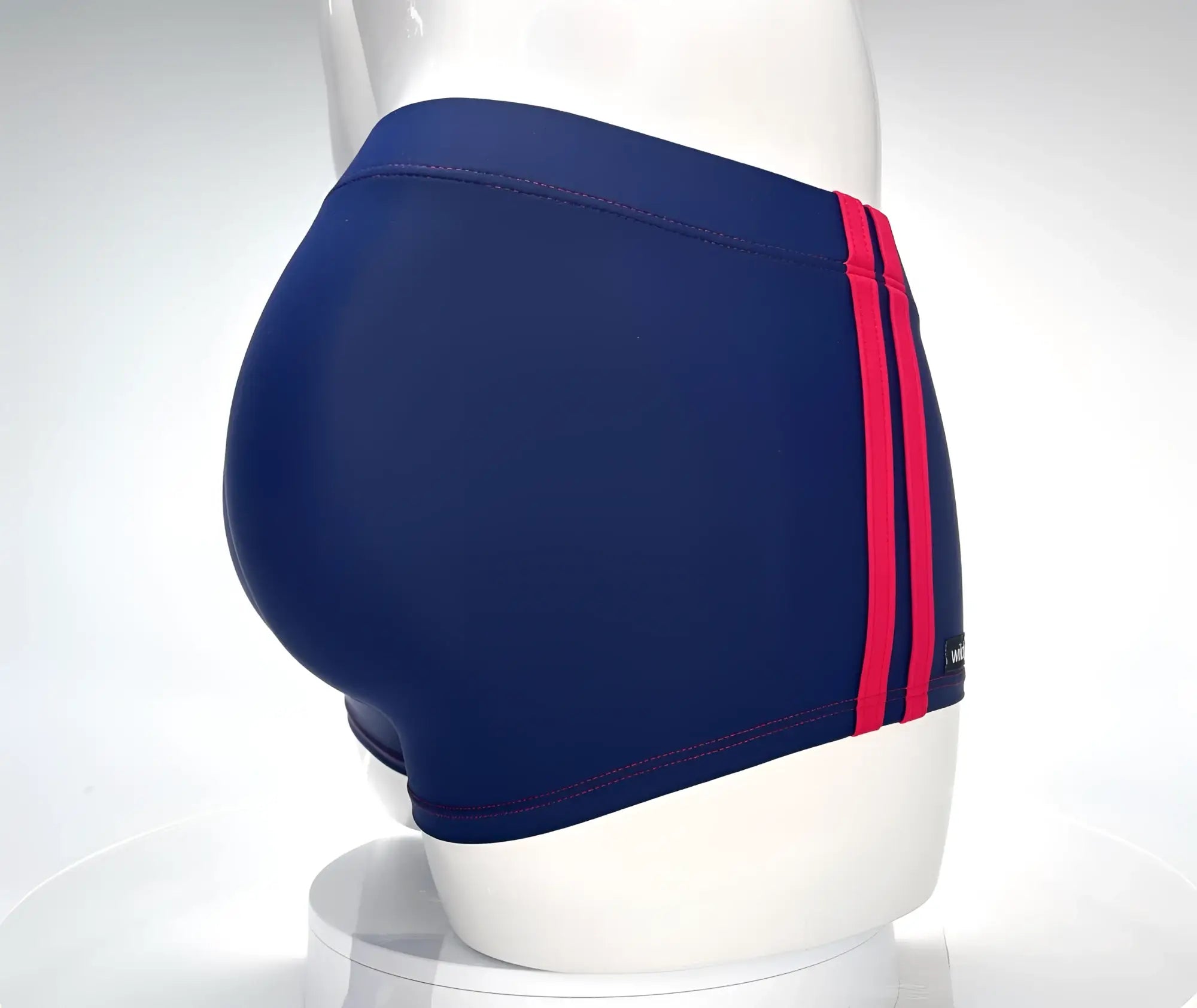 WildmanT monster cock swim square cut trunks navy blue with two bold red side stripes for swimming and beachwear