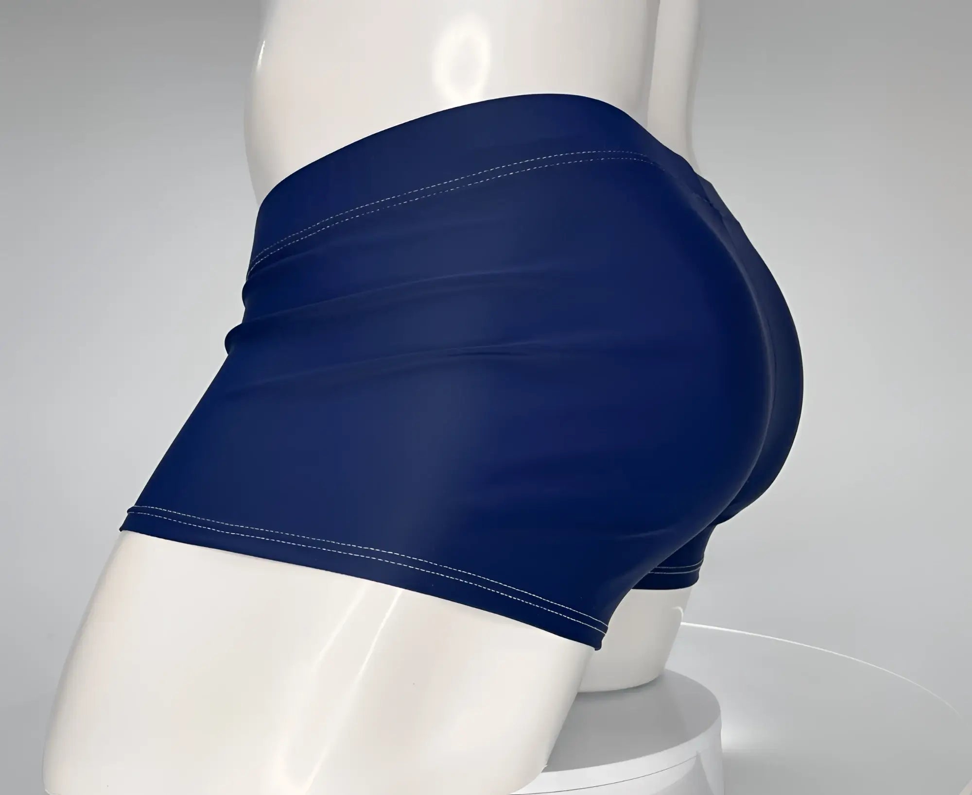 WildmanT monster cock swim square cut navy high-waisted shorts with white stitching on hem and waistband