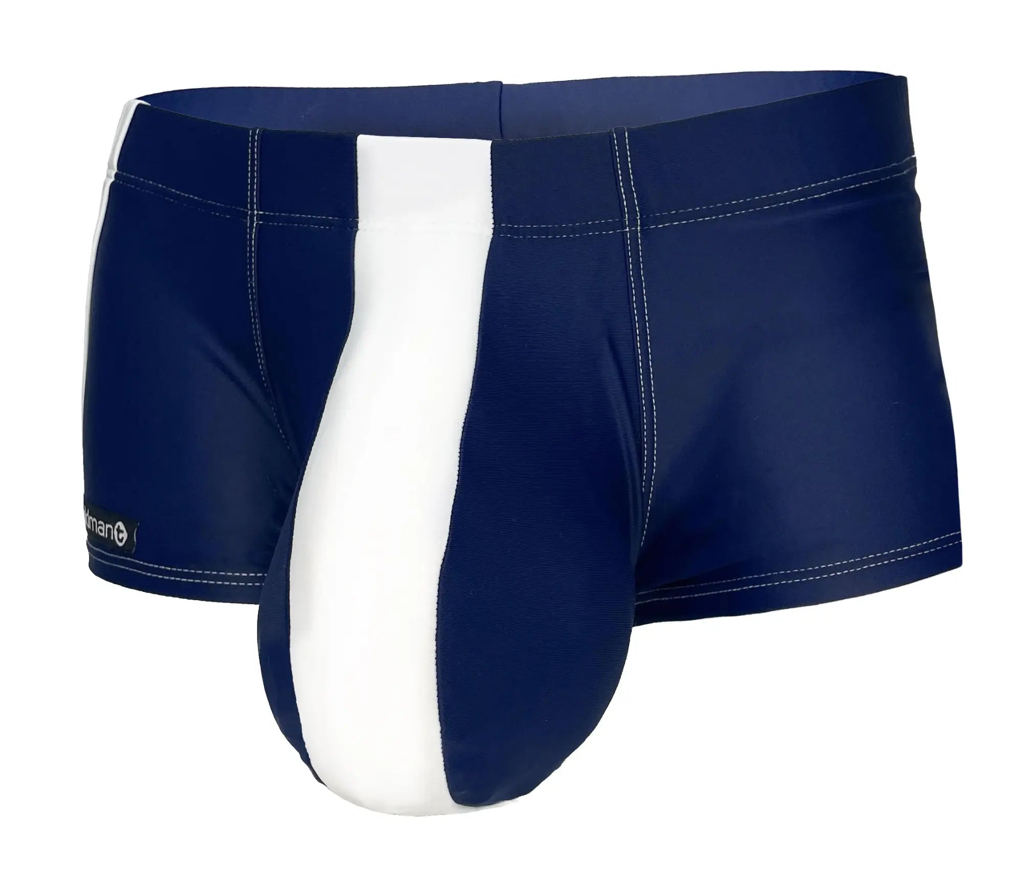 Navy blue WildmanT Monster Cock swim square cut trunks with bold white vertical stripe and subtle stitching details
