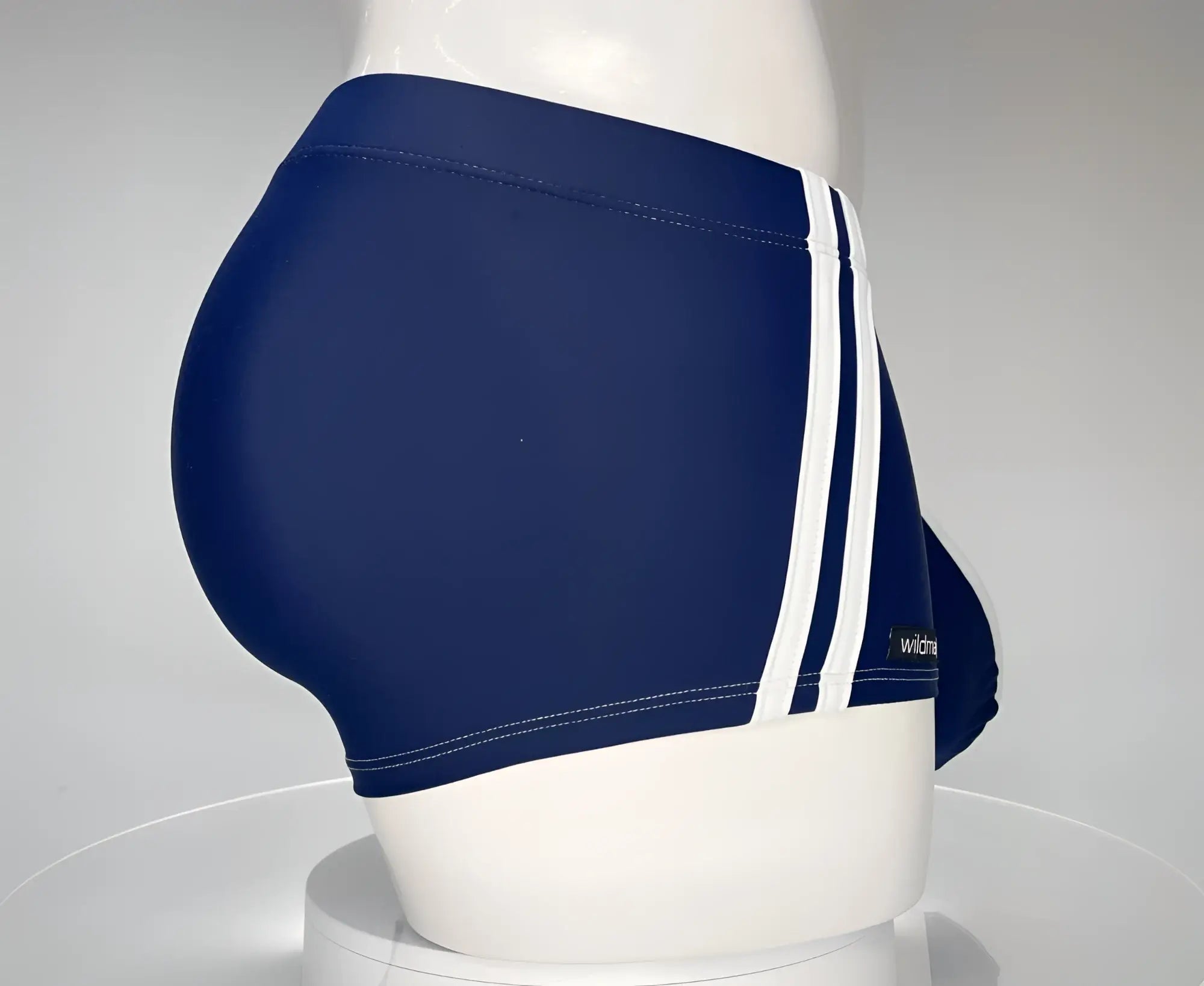 Wildmant monster cock swim square cut navy blue swim trunks with three white stripes and stitched detailing