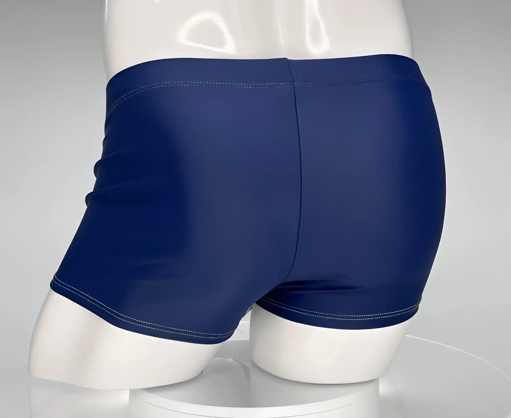 Wildmant monster cock swim square cut navy blue swim trunks with white stitching on waistband and hem