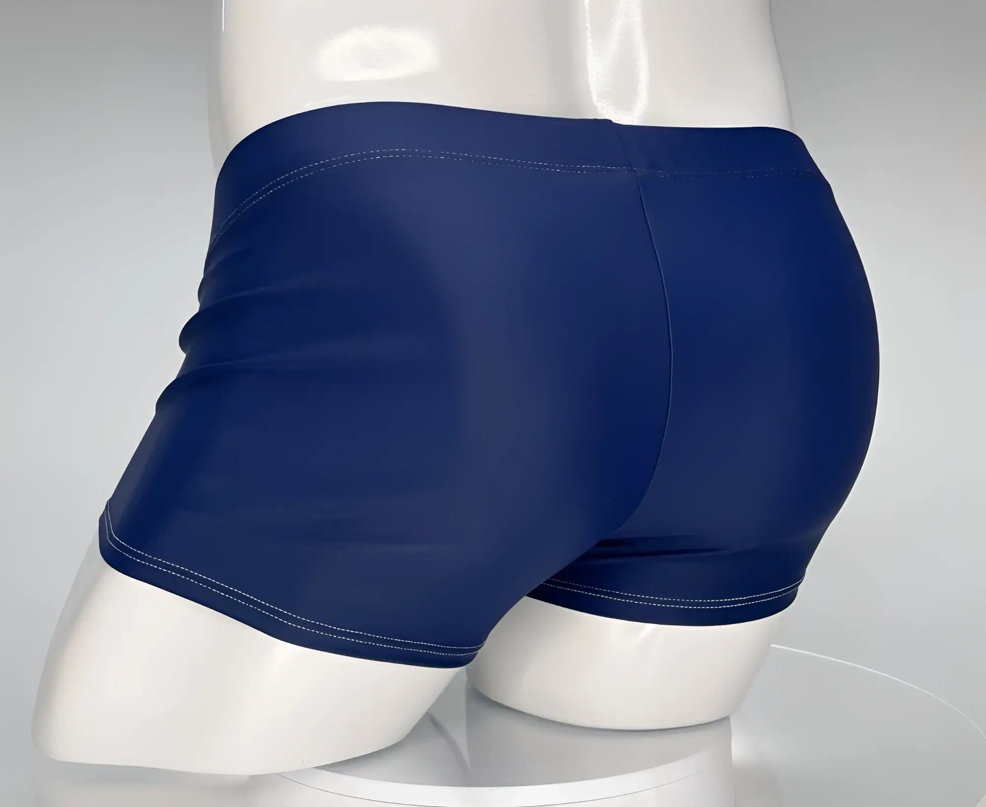 Wildmant monster cock swim square cut navy swim trunks with white stitching along waistband and hem