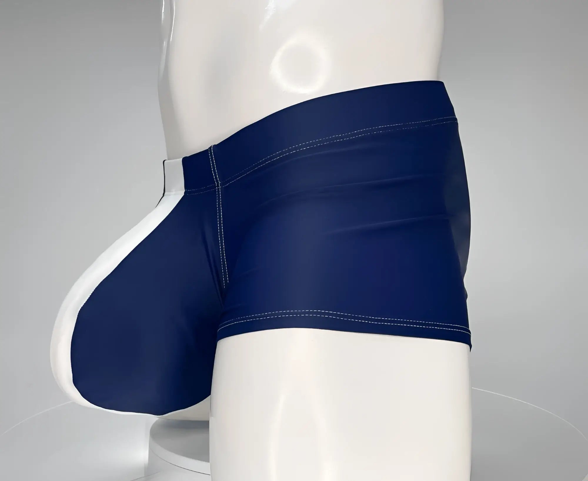 Wildmant monster cock swim square cut navy swim trunks with white side panel and contrasting stitching
