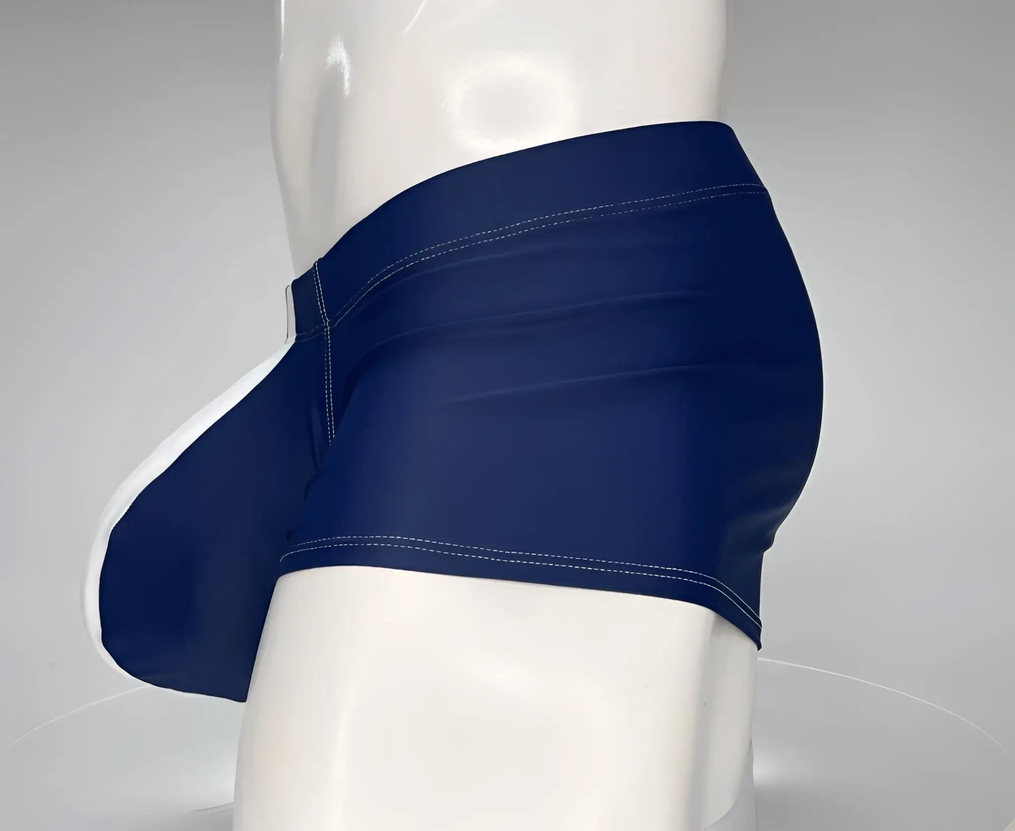 Wildmant monster cock swim square cut navy white swim trunks with white trim and contrasting stitching