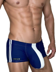 Wildmant monster cock swim square cut navy white athletic swim trunks with bold diagonal stripe design
