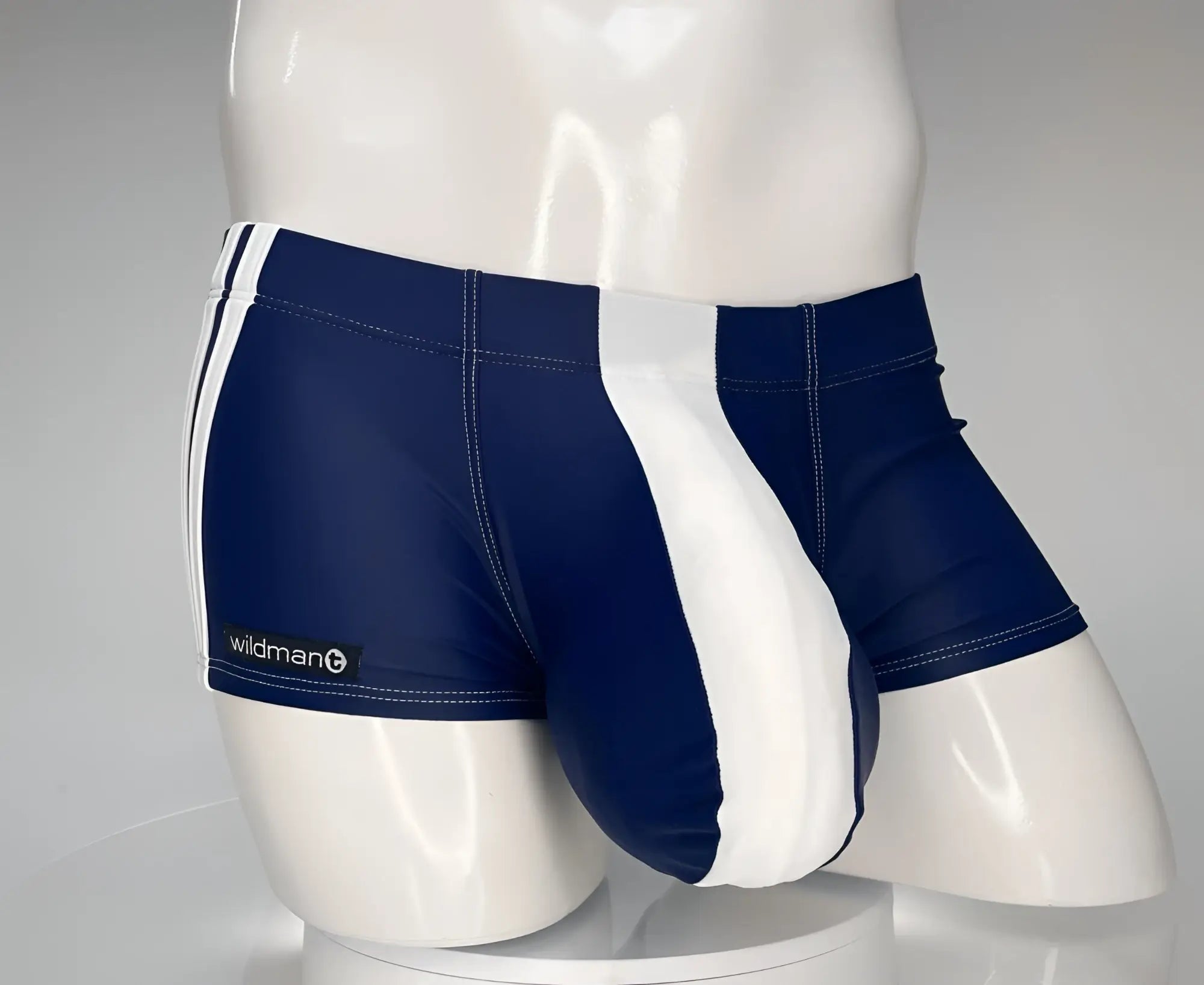 WildmanT Monster Cock swim square cut navy white athletic swim trunks with sleek form fitting design and side stripes