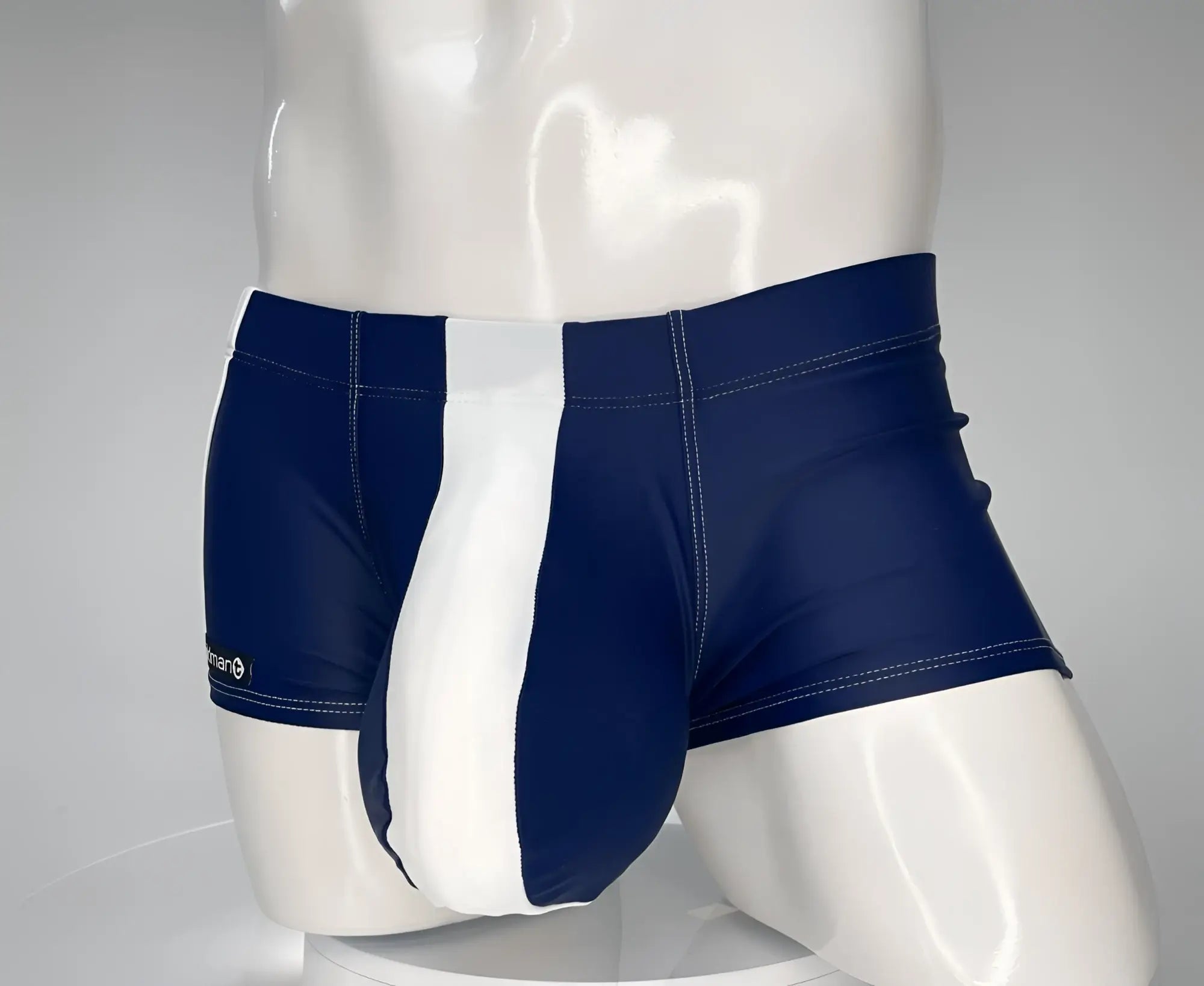 Wildmant monster cock swim square cut navy white swim trunks with sleek form-fitting design in navy blue and white stripes