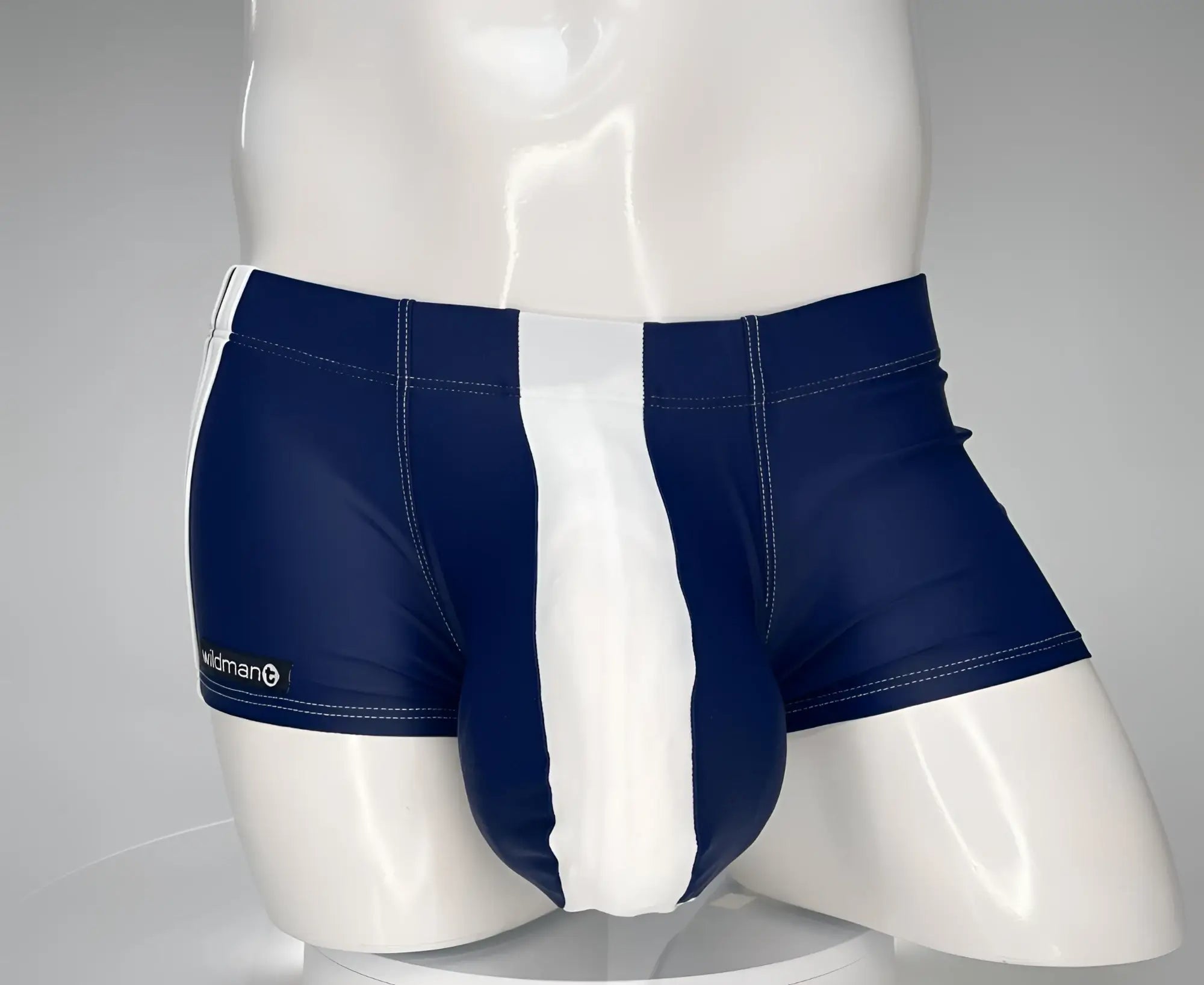 WildmanT Monster Cock swim square cut swim trunks in navy and white stripes with sleek form-fitting design