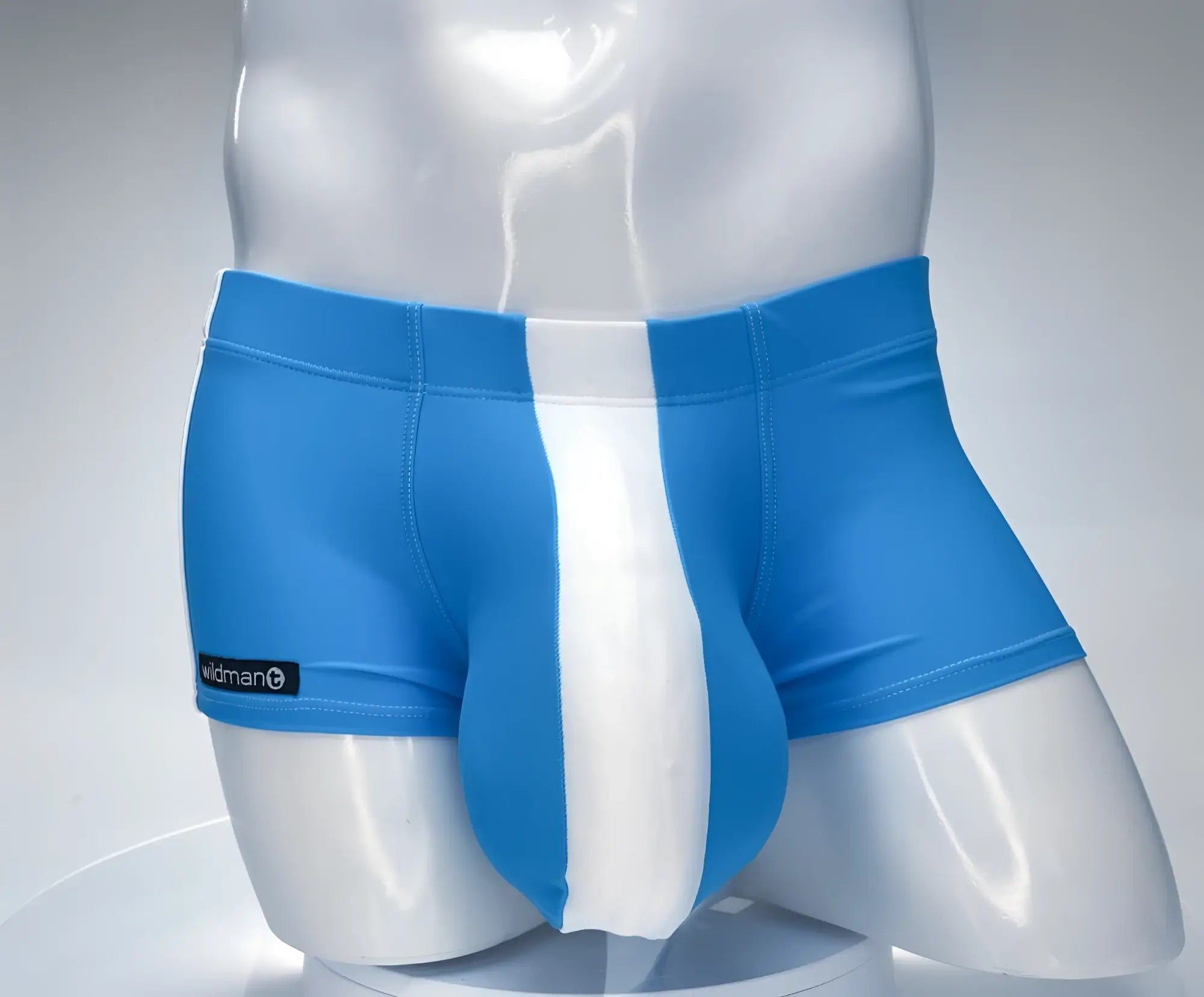 Wildmant monster cock swim square cut teal white athletic briefs with blue and white vertical stripe and widman logo