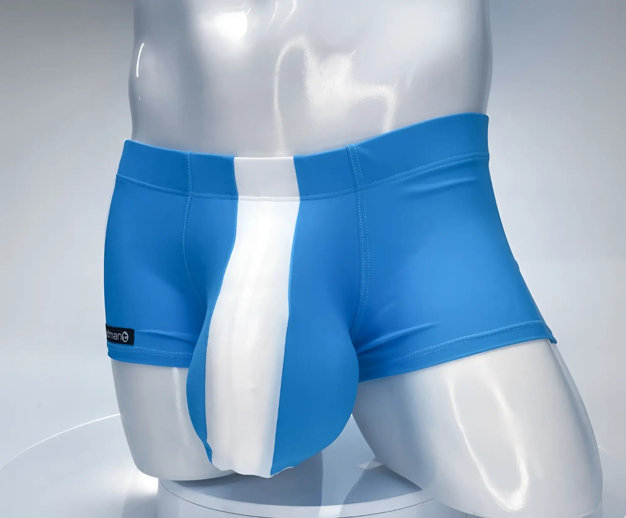 WildmanT monster cock swim square cut teal white men’s swim trunks with blue and white stripes and sleek design