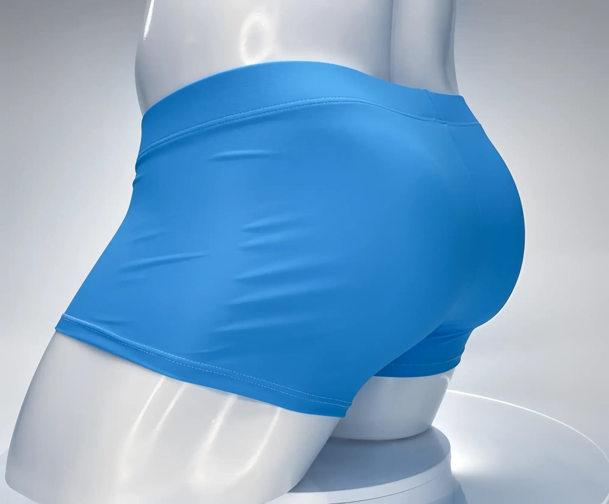 Bright blue form-fitting athletic shorts by wildmant featuring monster cock swim square cut in teal and white