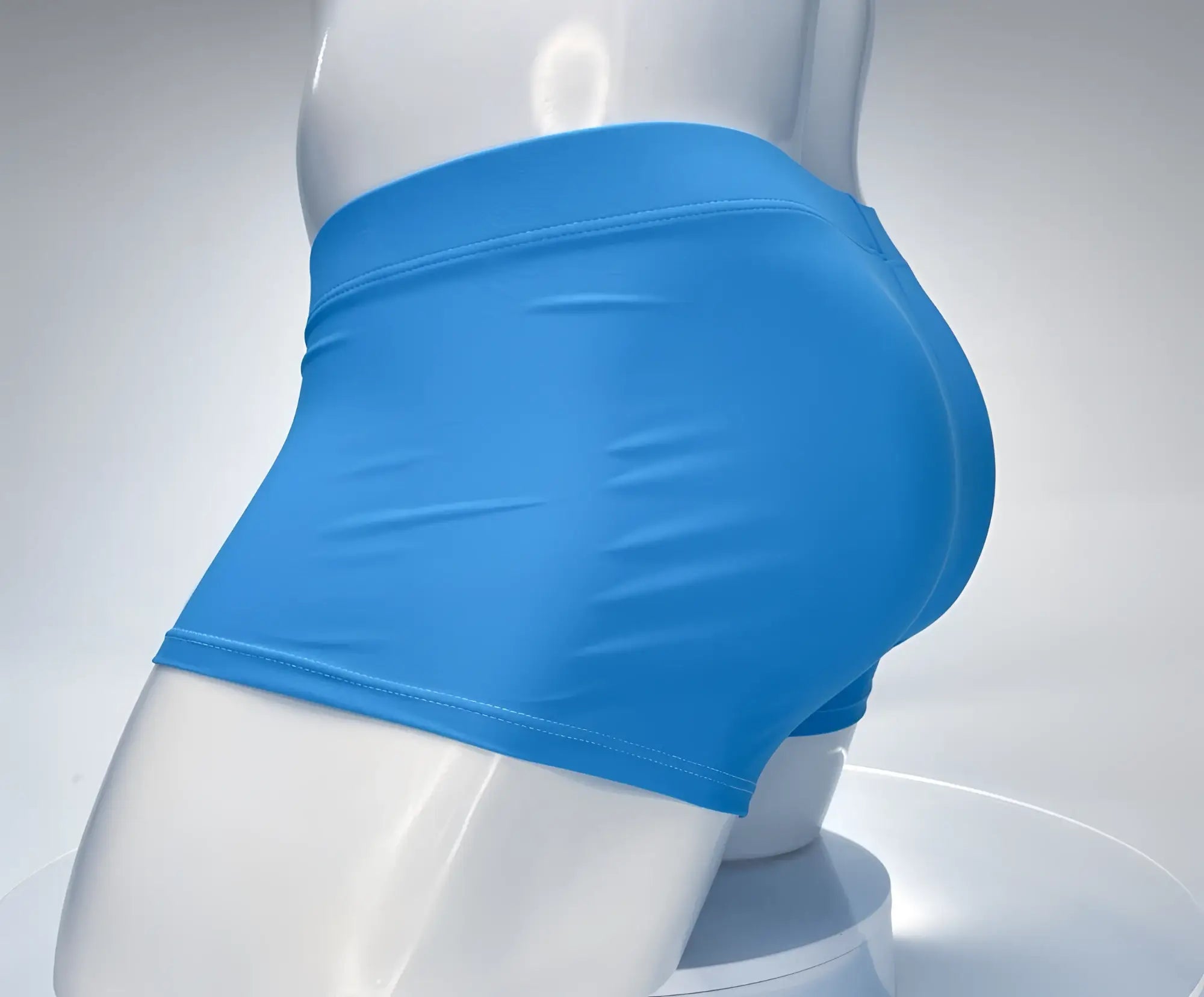 Wildmant monster cock swim square cut teal white bright blue form-fitting athletic shorts on mannequin front view