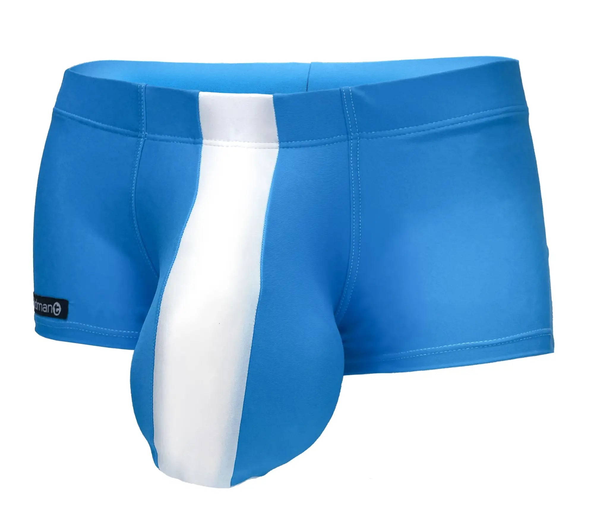 Bright blue wildmant monster cock swim square cut trunks with bold white stripe, snug fit, elastic waistband