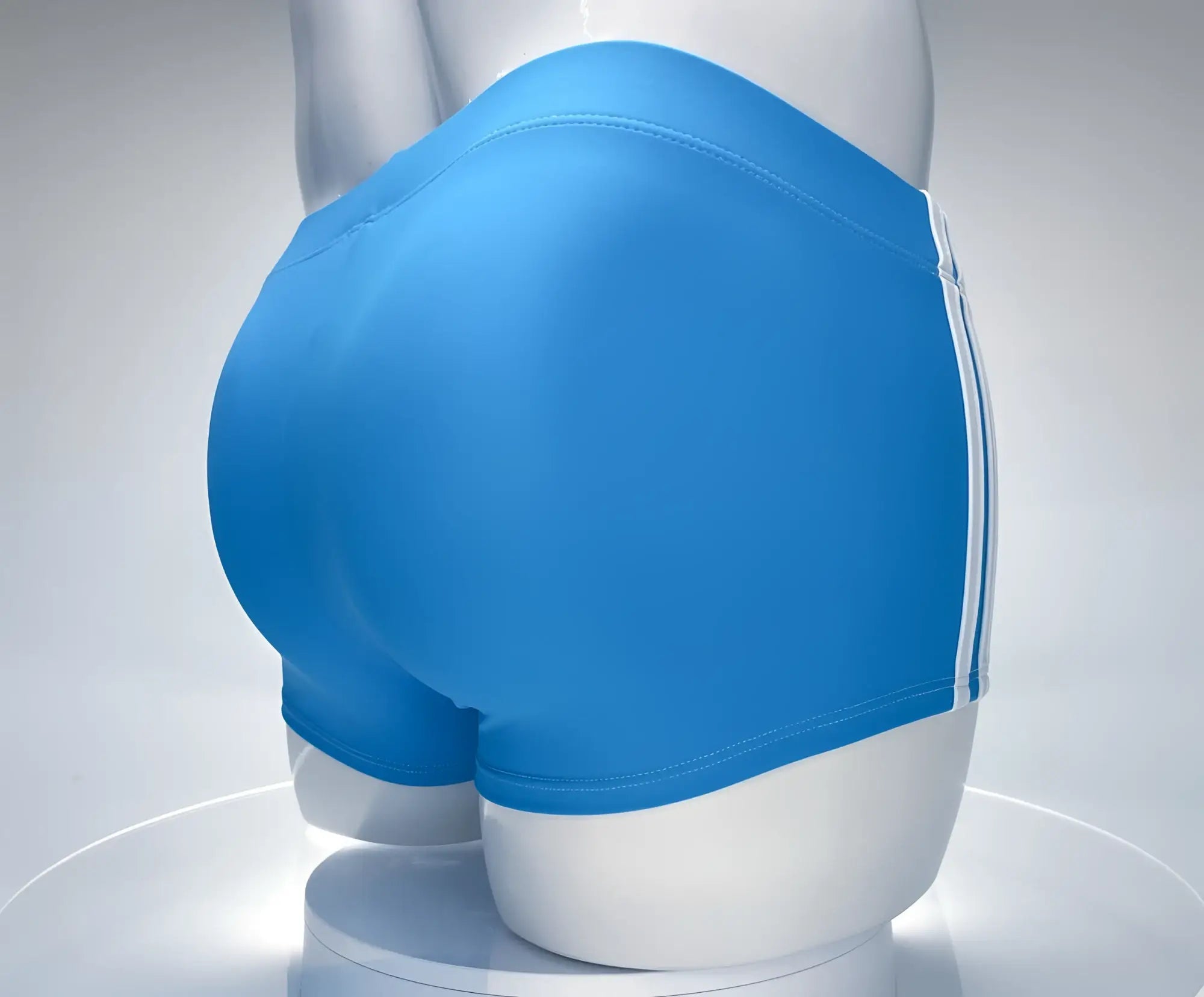 WildmanT Monster Cock swim square cut bright blue trunks with white side stripes displayed on a mannequin