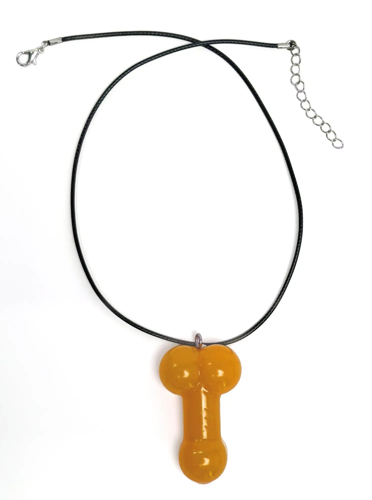 Front view of a black cord necklace with an amber-colored, glossy phallus-shaped pendant on a white background.