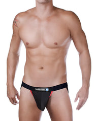 Black and red WildmanT Raw Mesh jockstrap with branded waistband featuring contrast red mesh detailing