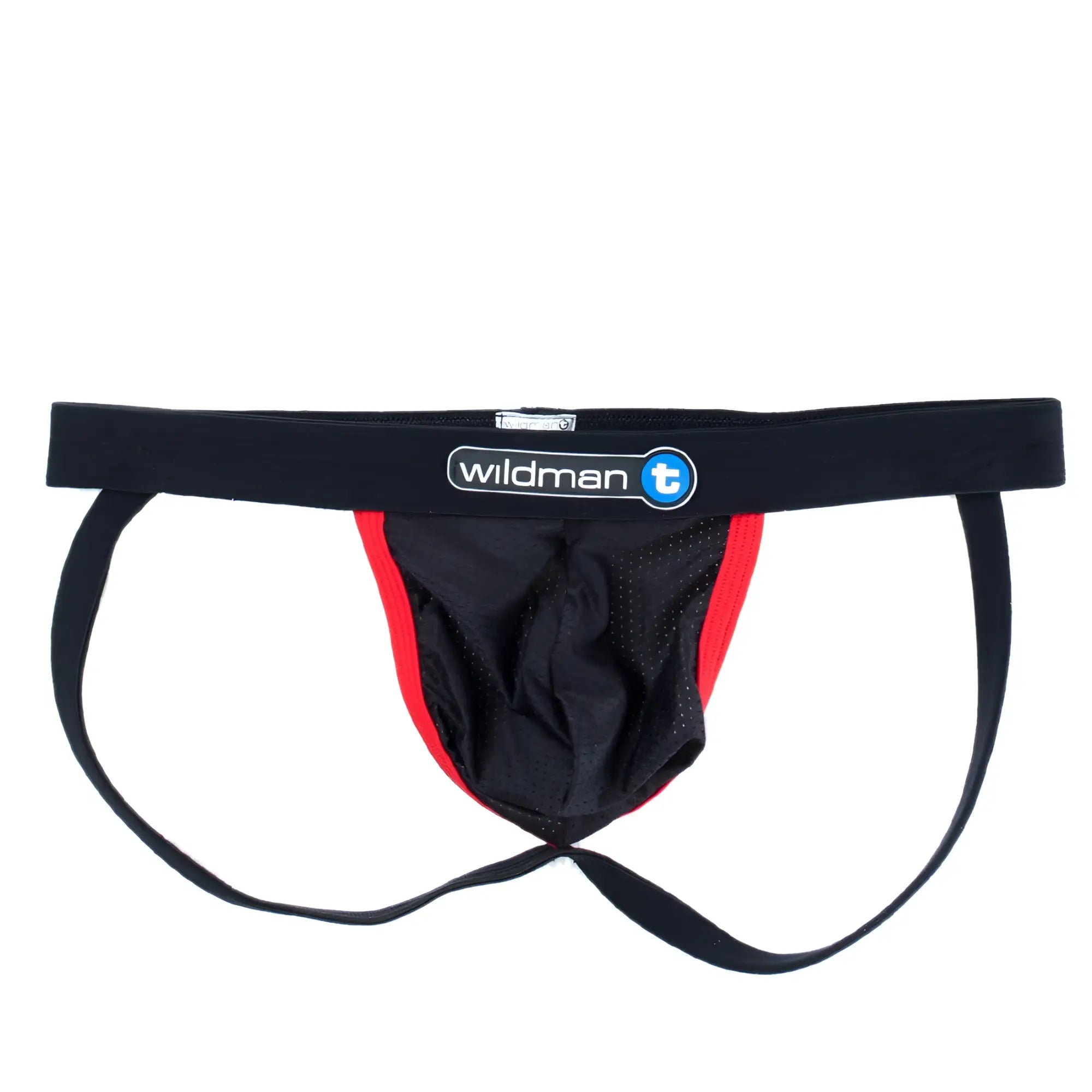 Black and red wildmant raw mesh jockstrap with breathable mesh paneling for athletic support