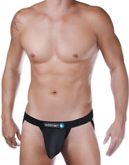 Black wildman raw mesh jockstrap with duraband waistband featuring a blue logo on the front