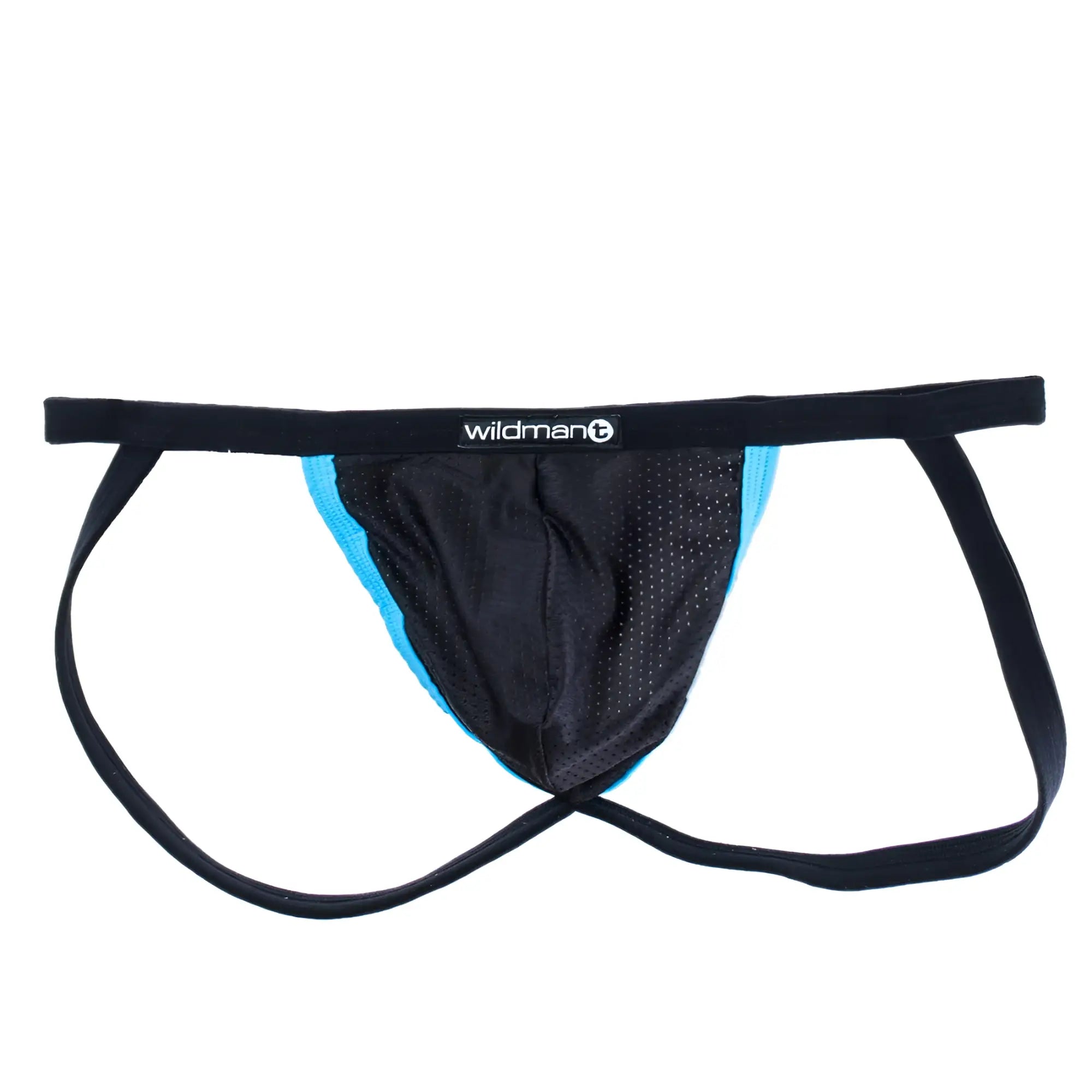 WildmanT raw mesh micro jockstrap in black and blue with a black elastic waistband featuring the wildman logo