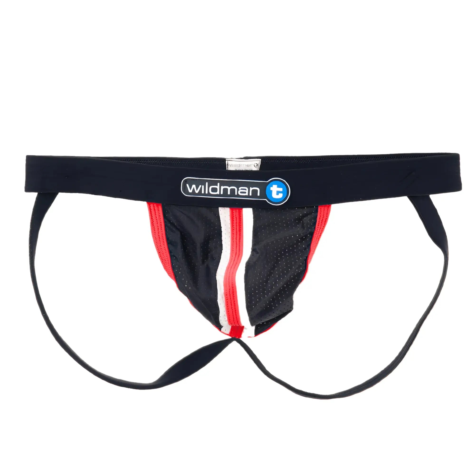 Black athletic brief with red and white striped side panels and wildman t logo on the waistband