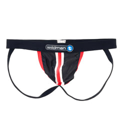 Black athletic brief with red and white striped side panels and wildman t logo on the waistband