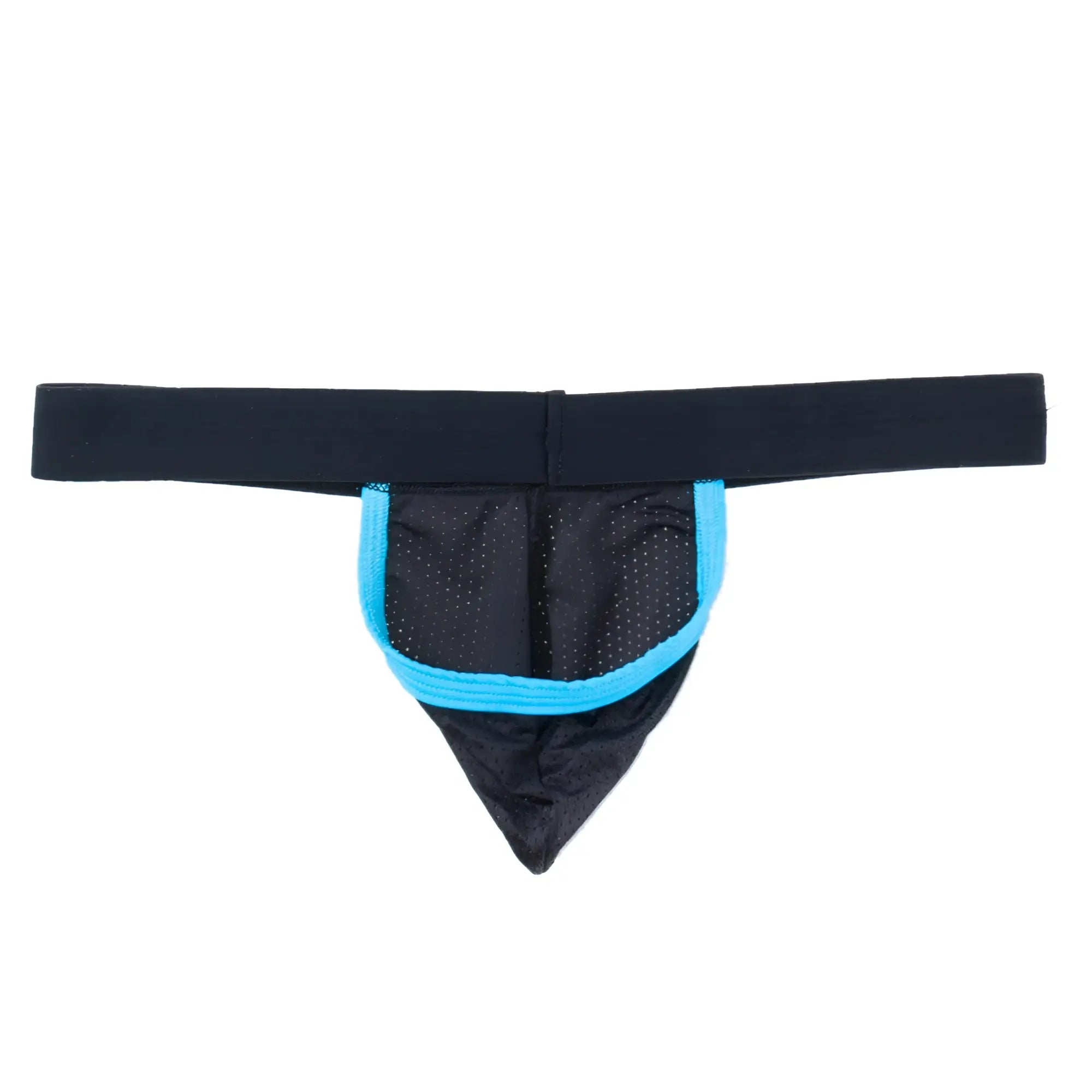 Black athletic brief with bright blue trim and mesh fabric wildmant raw strapless mesh jock with blue contrast trim