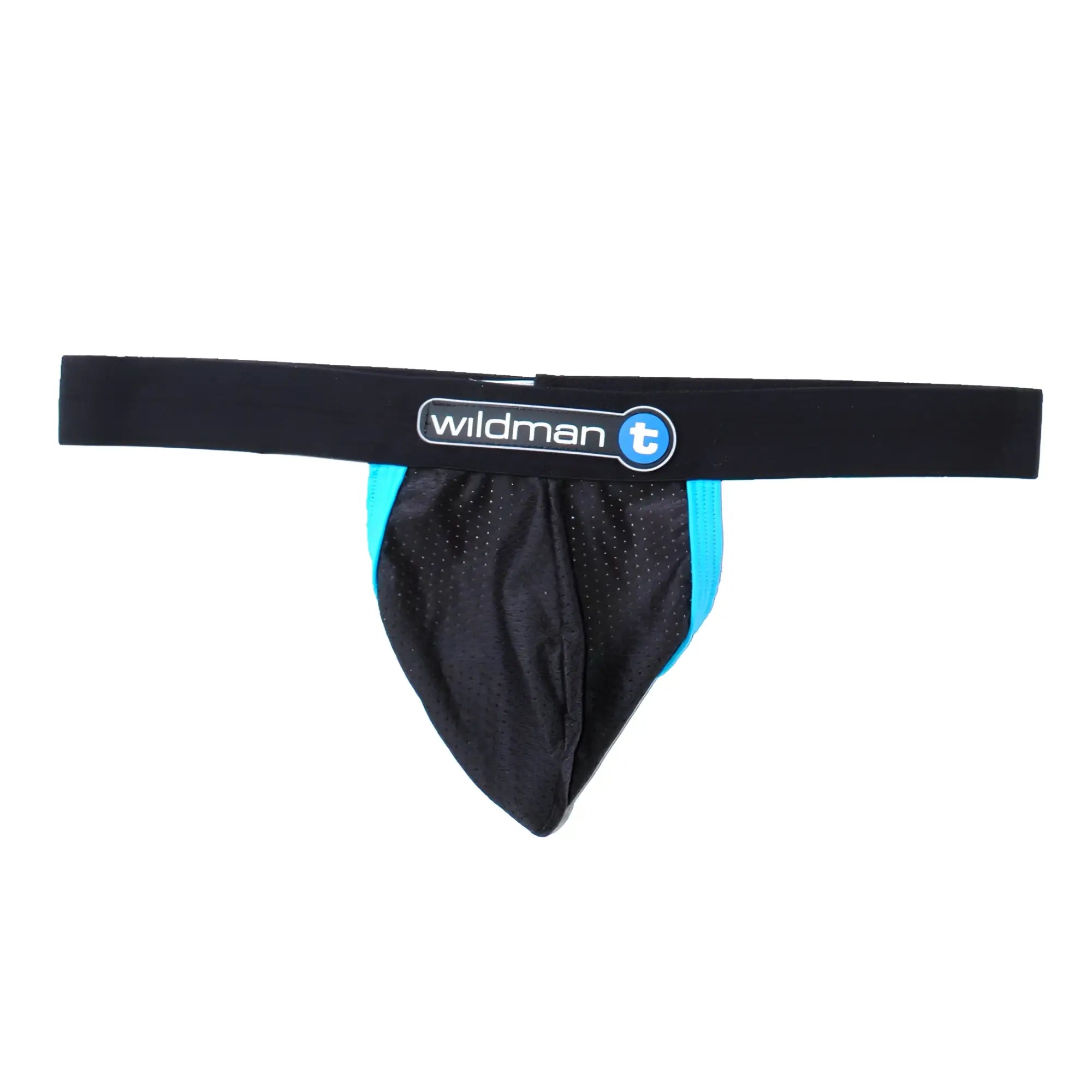 Black and turquoise mesh athletic brief with branded waistband and blue contrast trim by WildmanT