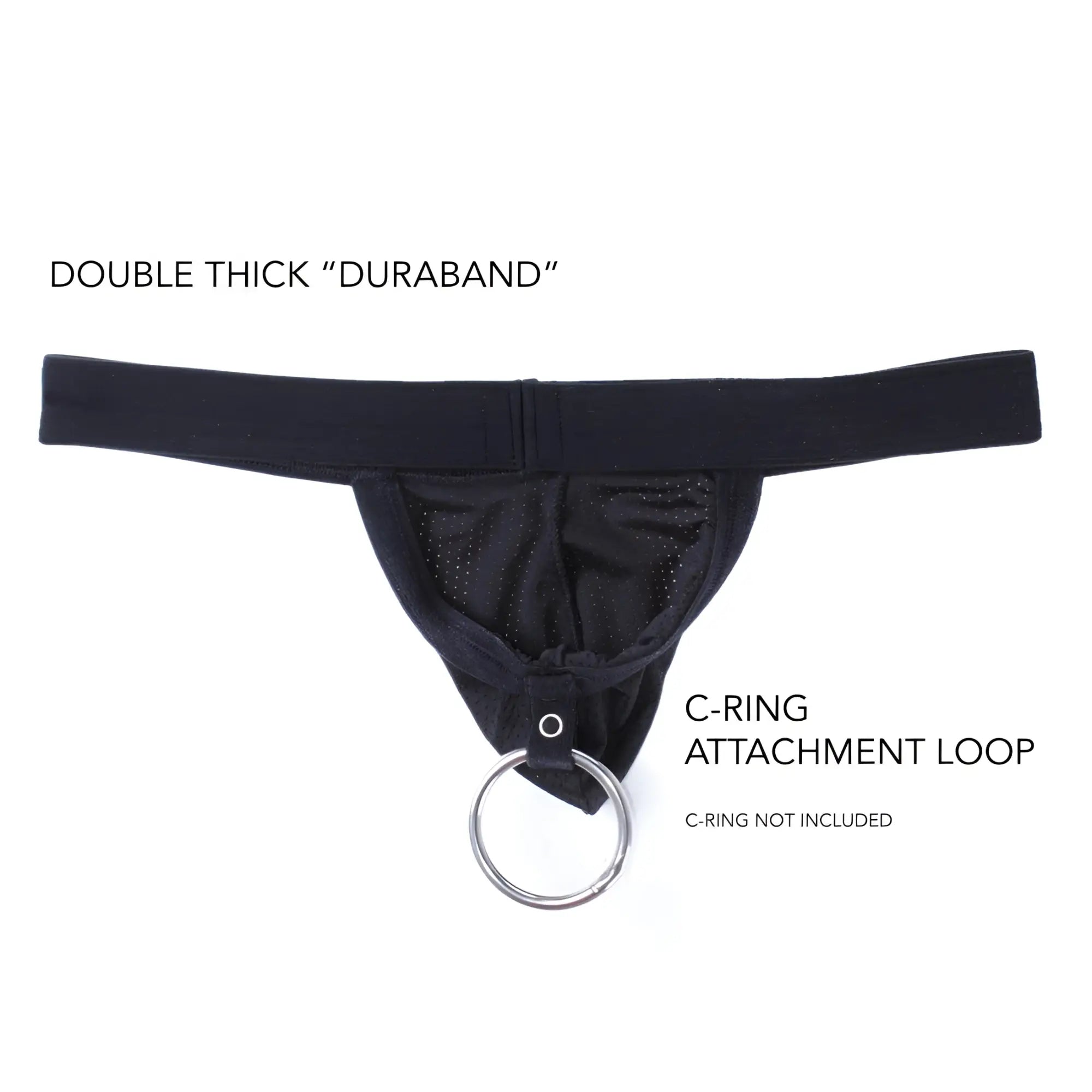 Black wildmant raw strapless mesh jock with duraband thong and silver c-ring attachment loop visible from front