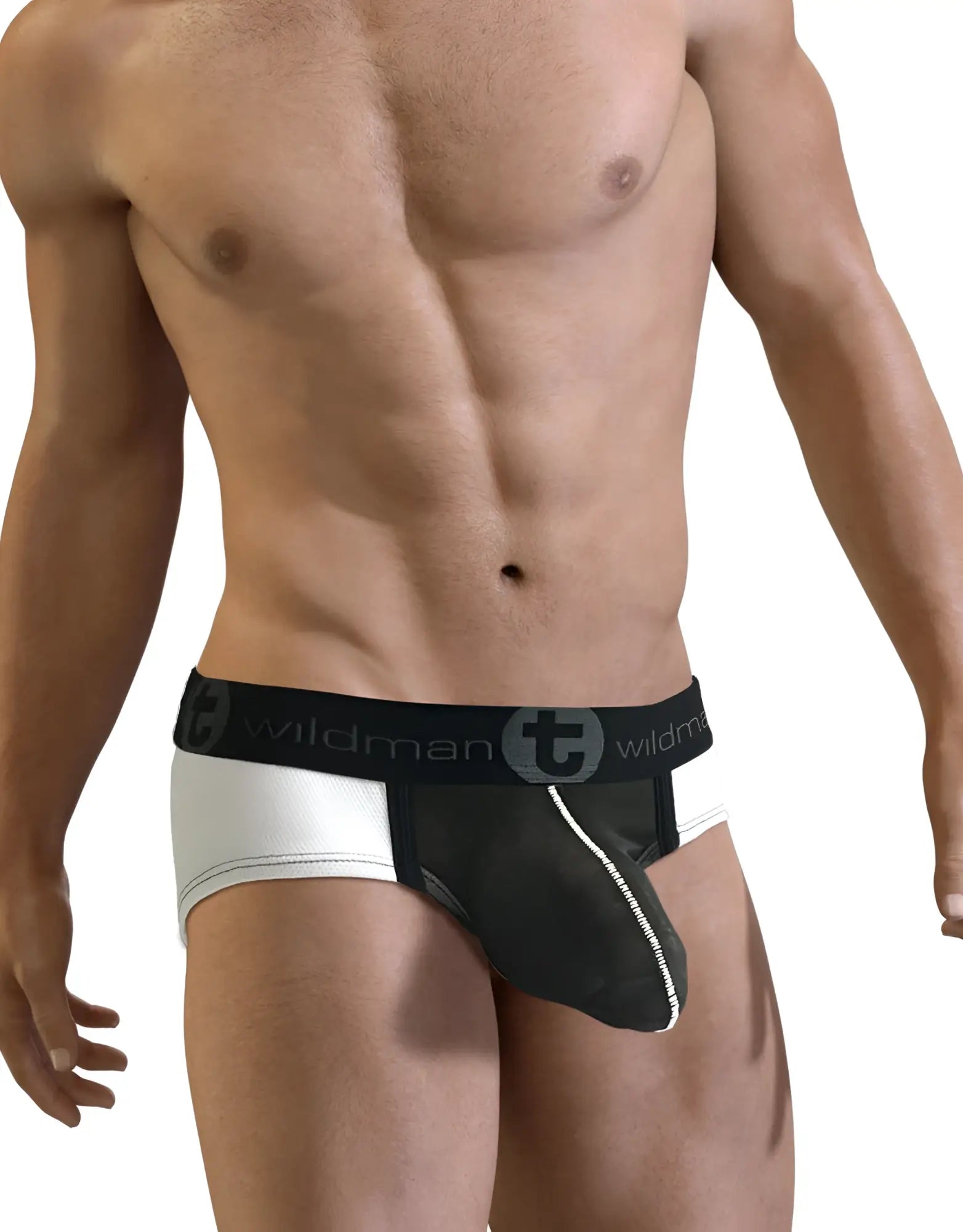 Wildmant slut big boy pouch brief in black and white with contrasting white stitching and see through pouch detail