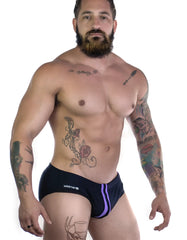 Black briefs with a purple stripe and wildmen logo on the side from WildmanT Sportivo Bikini Black and Purple collection