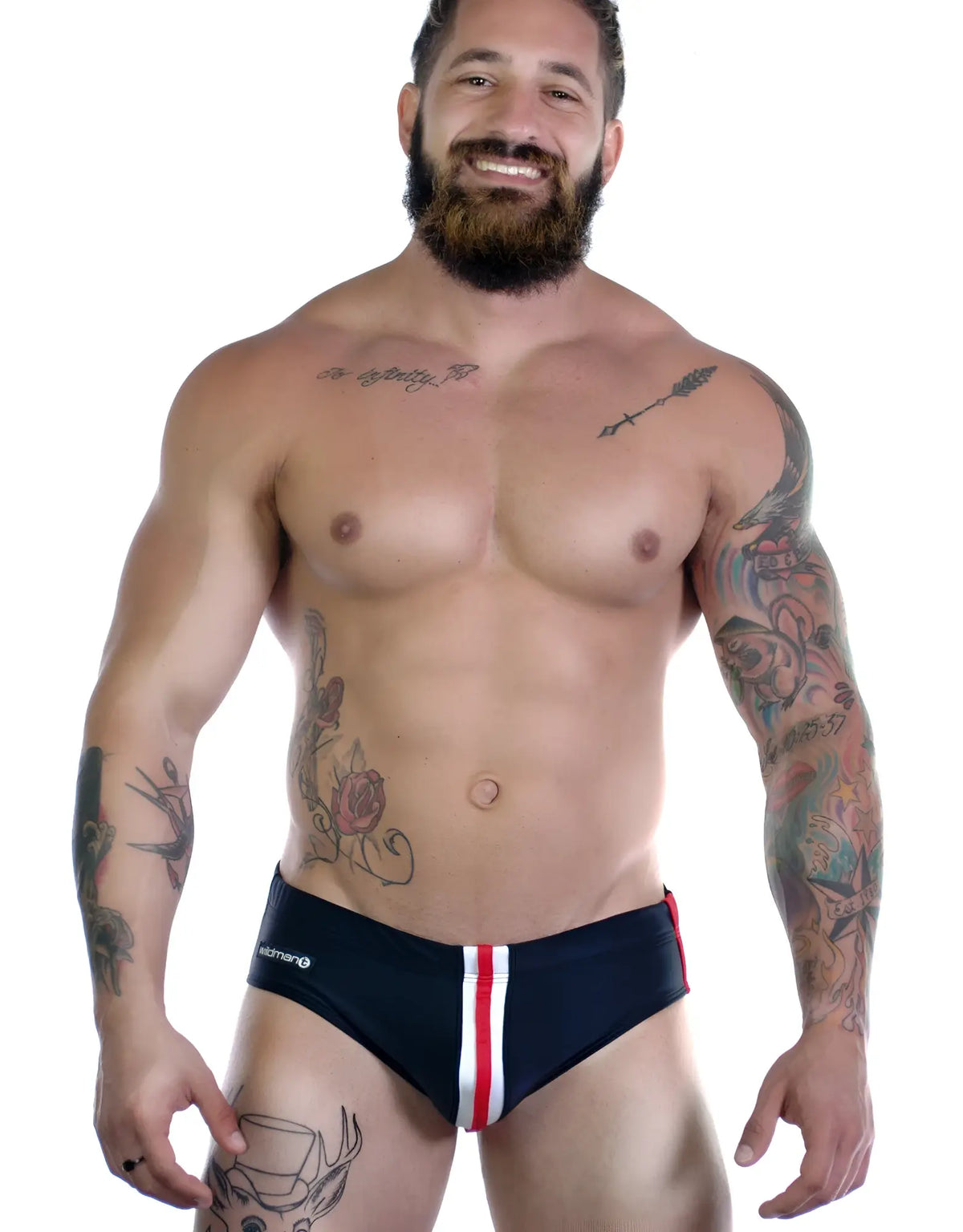 WildmanT sportivo bikini black with red stripe navy blue swim trunks with red and white side stripes and logo near waistband